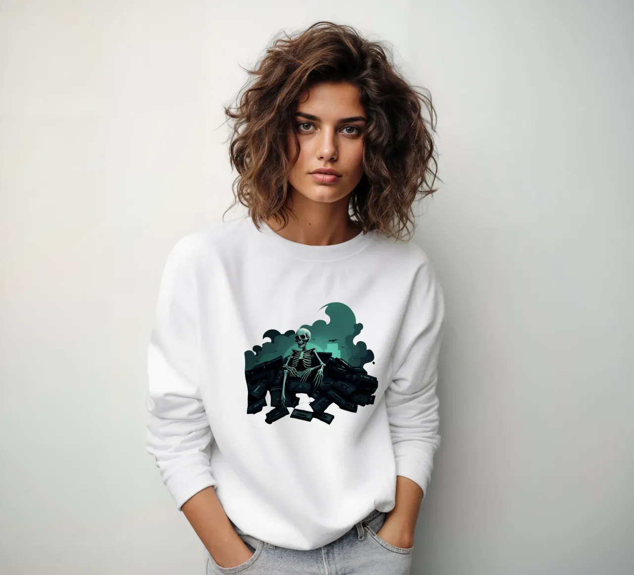 A skeleton sits among old cassette tapes in spooky atmospher sweatshirt by DesignDoodle