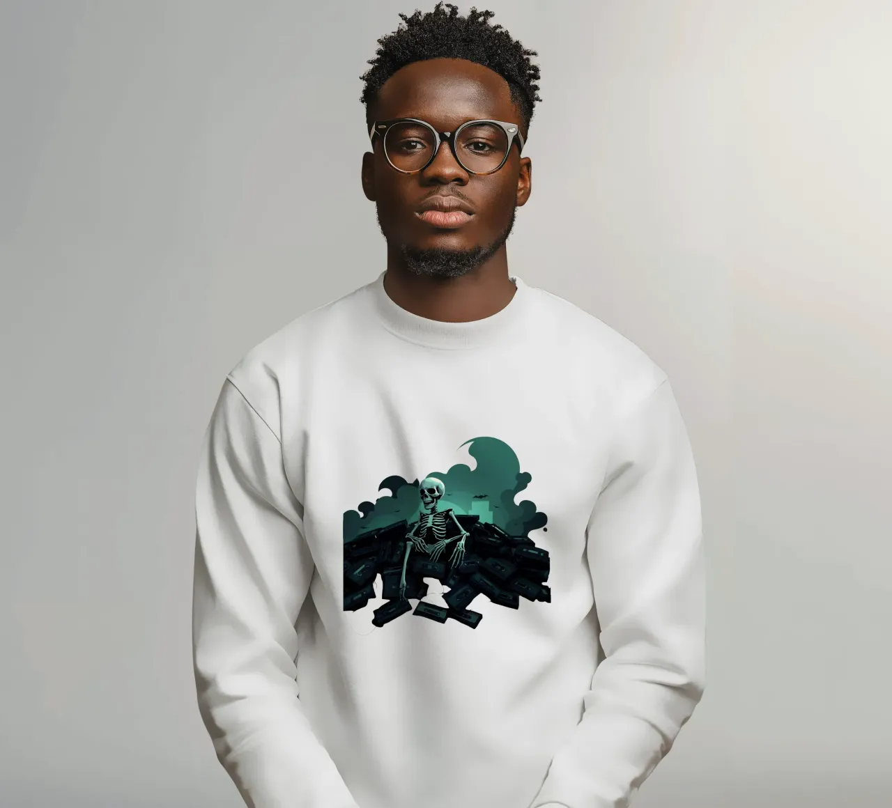 A skeleton sits among old cassette tapes in spooky atmospher sweatshirt by DesignDoodle