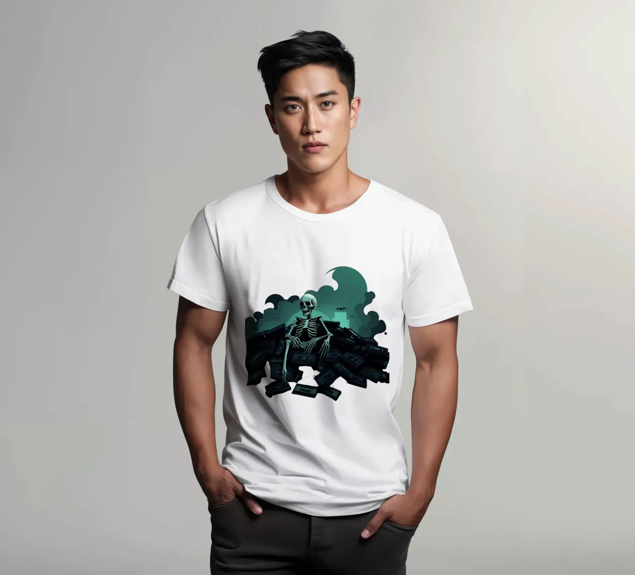 Een skelet zit tussen oude cassettebandjes in spookachtige sfeer t-shirt van DesignDoodle