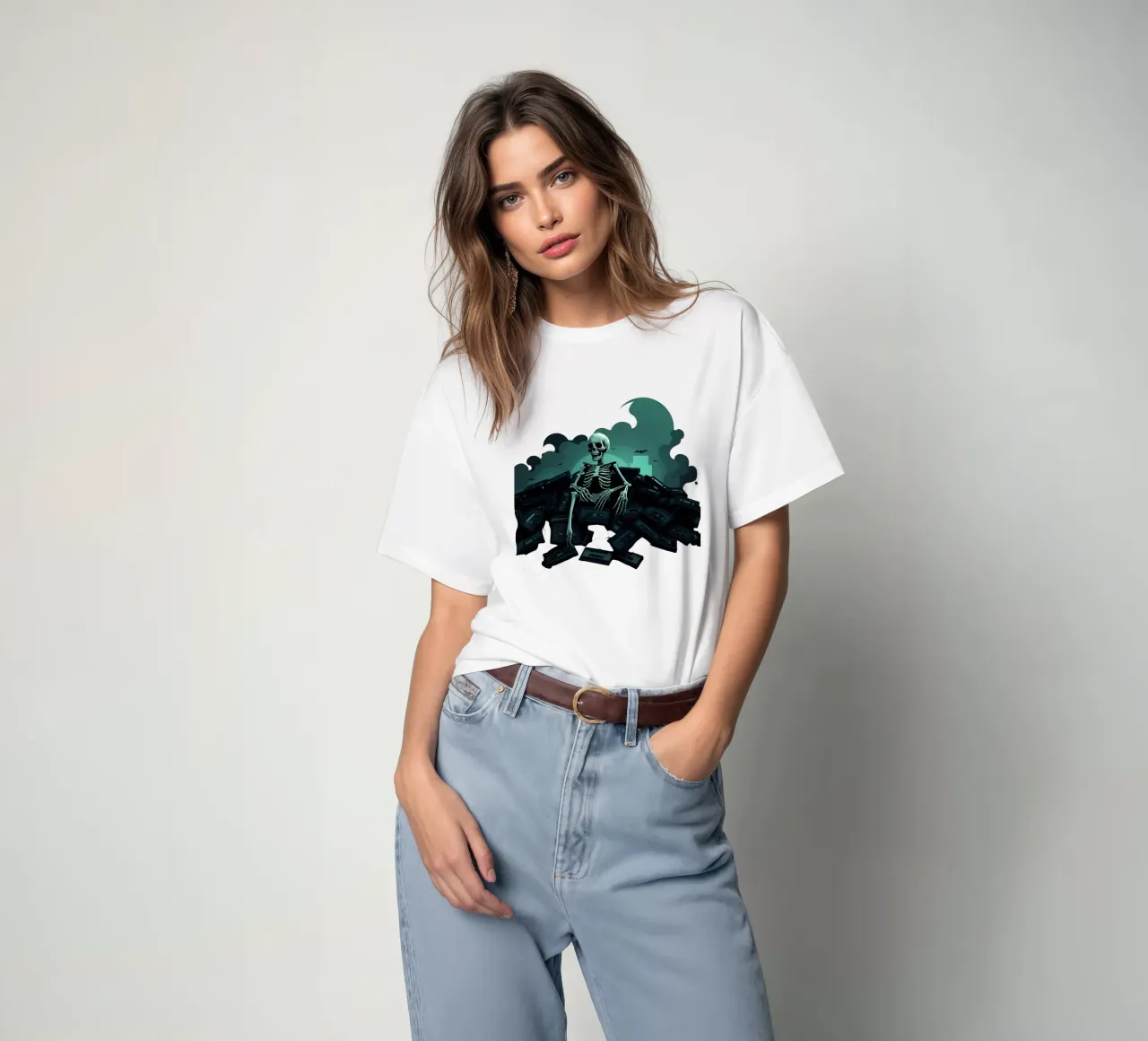 Een skelet zit tussen oude cassettebandjes in spookachtige sfeer t-shirt van DesignDoodle