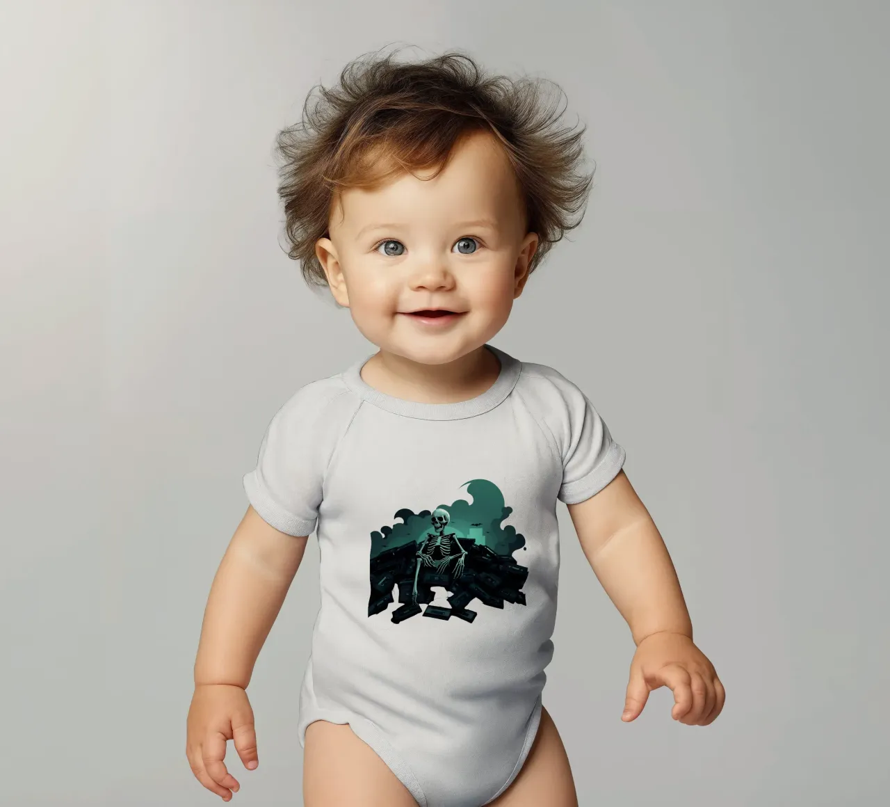 Uno scheletro siede tra vecchie cassette in un'atmosfera spettrale body neonato maniche corte da DesignDoodle