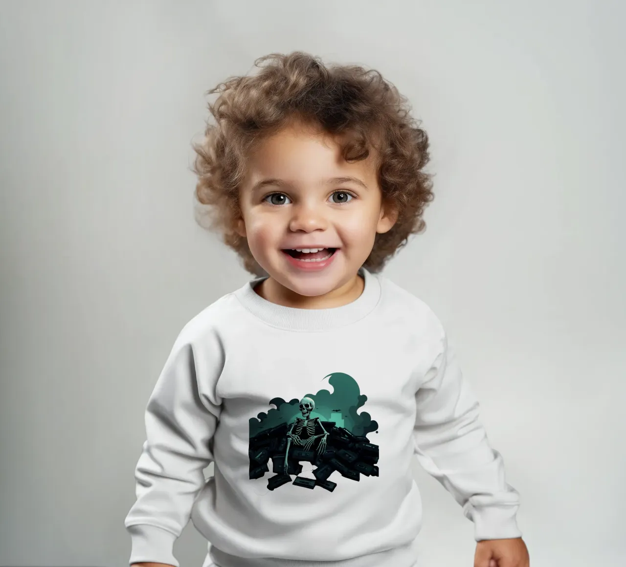 Un esqueleto entre viejas cintas de casete en un ambiente espeluznante sudadera de bebé de DesignDoodle