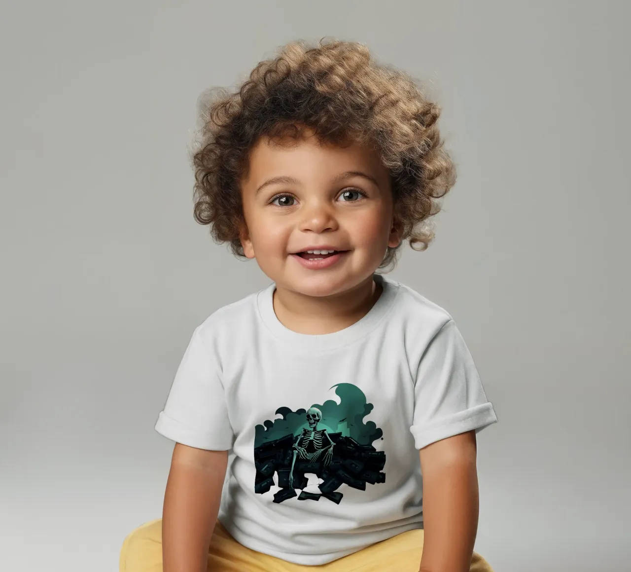 Uno scheletro siede tra vecchie cassette in un'atmosfera spettrale maglietta neonato da DesignDoodle