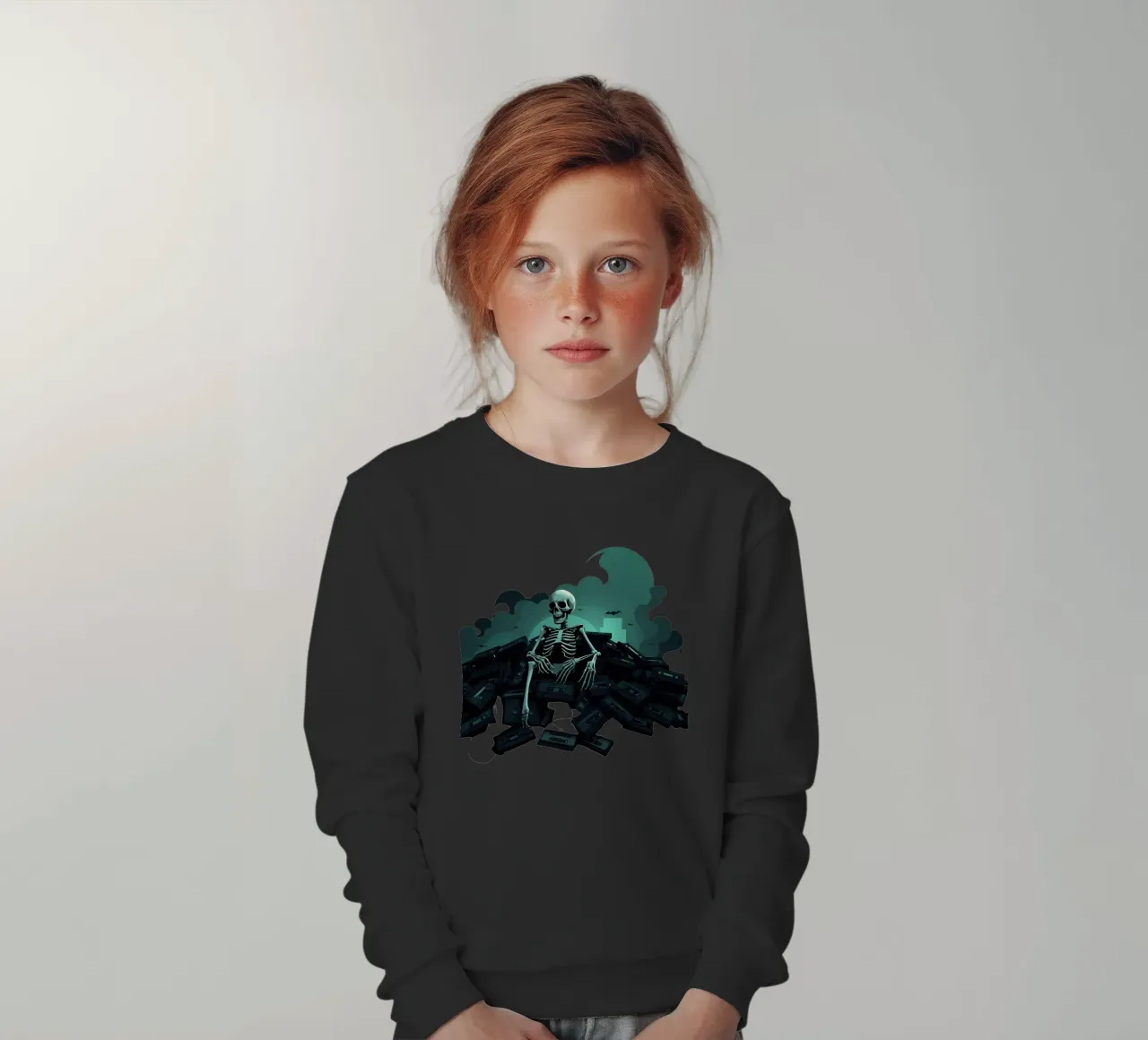 Uno scheletro siede tra vecchie cassette in un'atmosfera spettrale felpa bambino da DesignDoodle