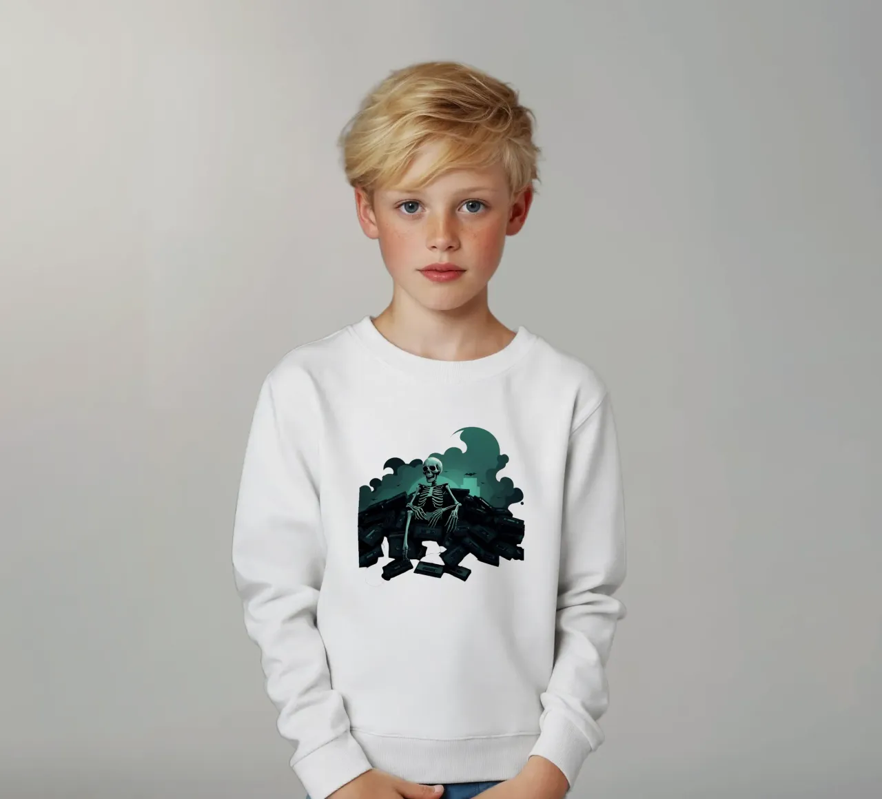 Ein Skelett sitzt in gespenstischer Atmosphäre zwischen alten Kassettenbändern Kinder Sweatshirt von DesignDoodle