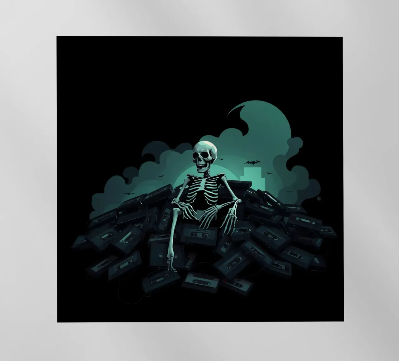 Uno scheletro siede tra vecchie cassette in un'atmosfera spettrale pellicola backlit da DesignDoodle