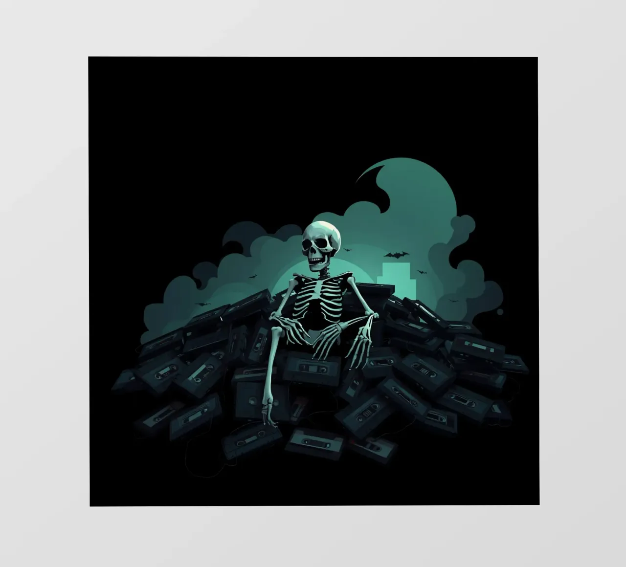 Uno scheletro siede tra vecchie cassette in un'atmosfera spettrale pellicola backlit da DesignDoodle