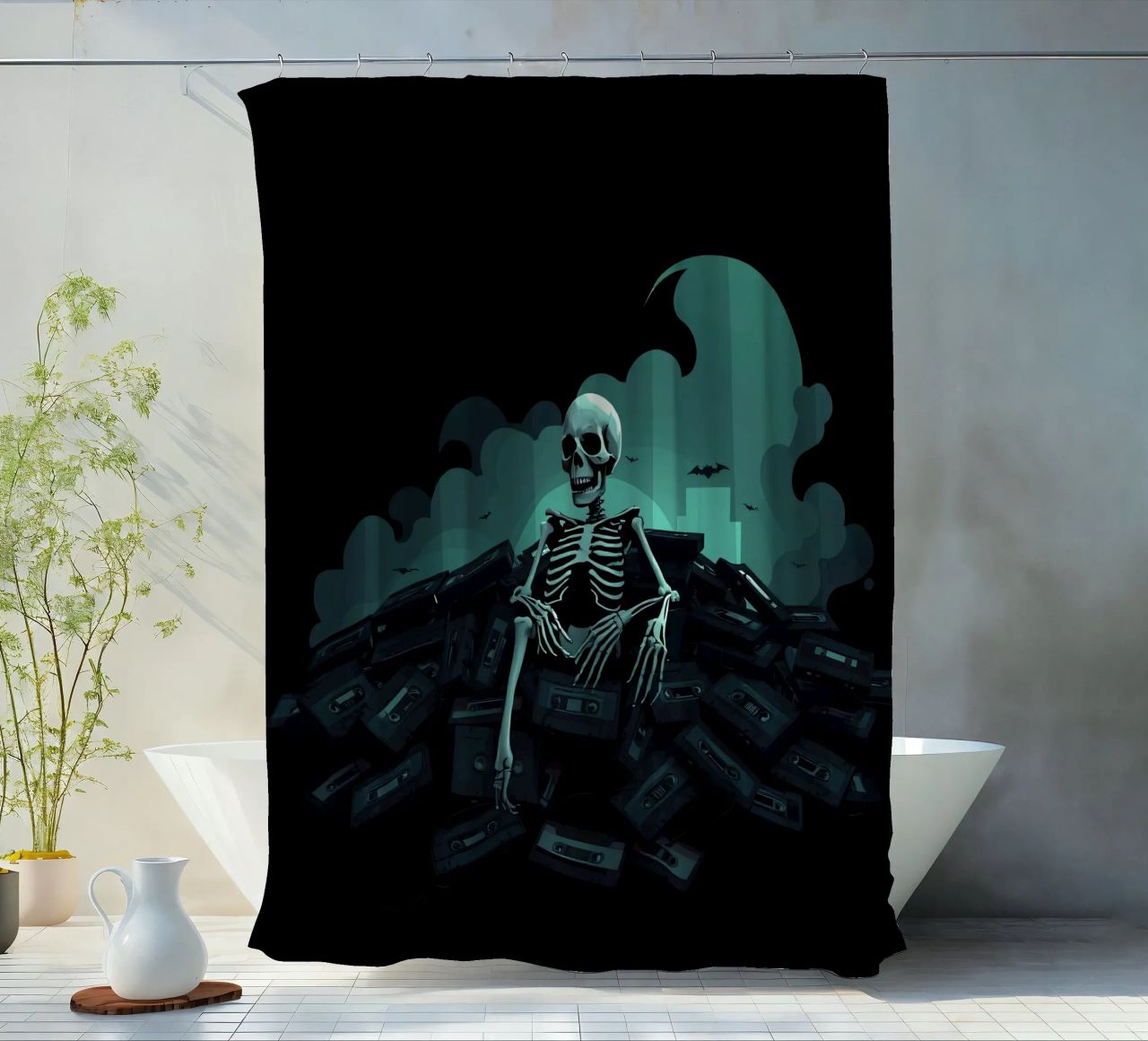 Uno scheletro siede tra vecchie cassette in un'atmosfera spettrale tenda da doccia da DesignDoodle