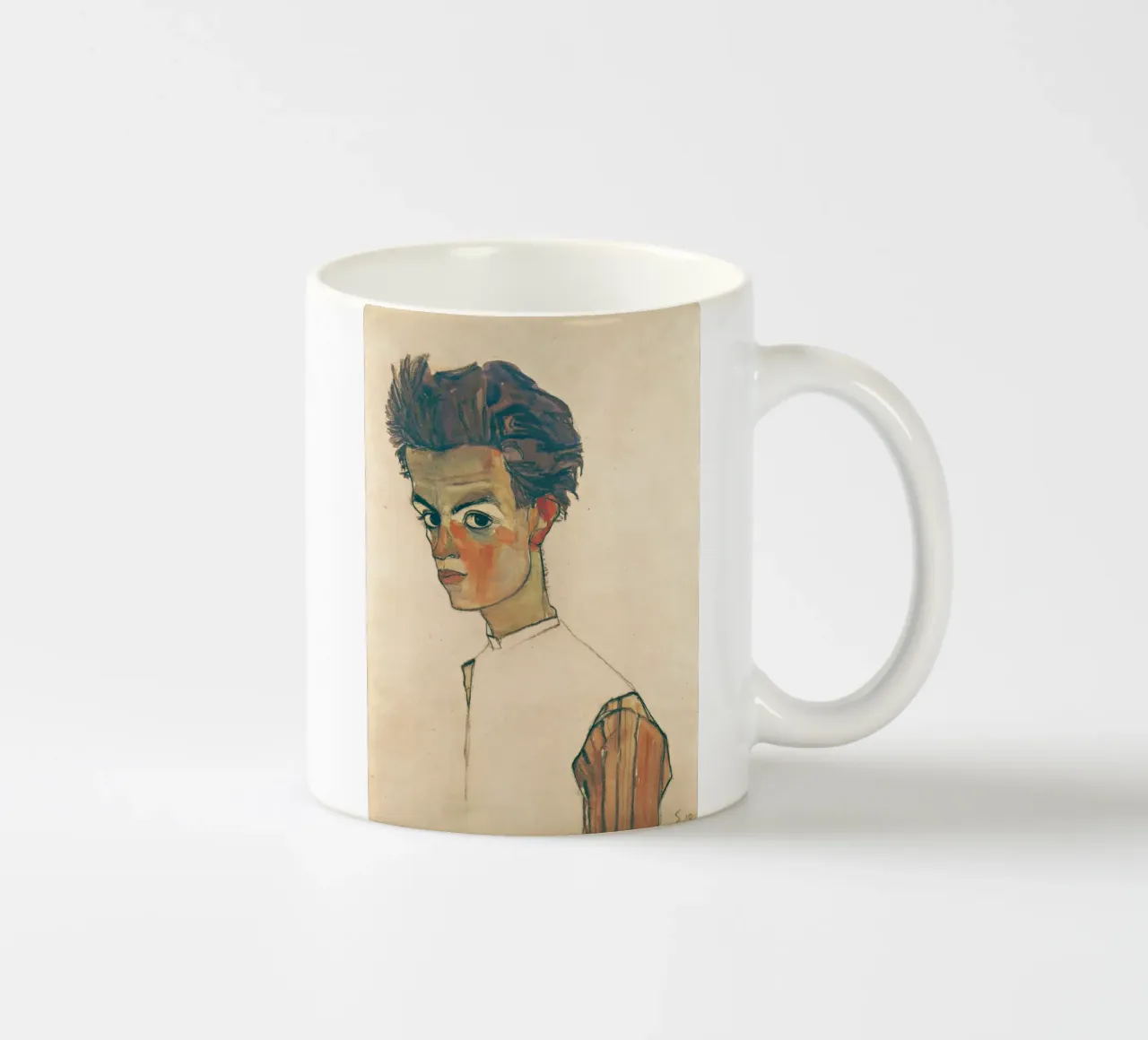 Egon Schiele - Autoritratto con camicia a righe tazza in ceramica da Timeless Artworks