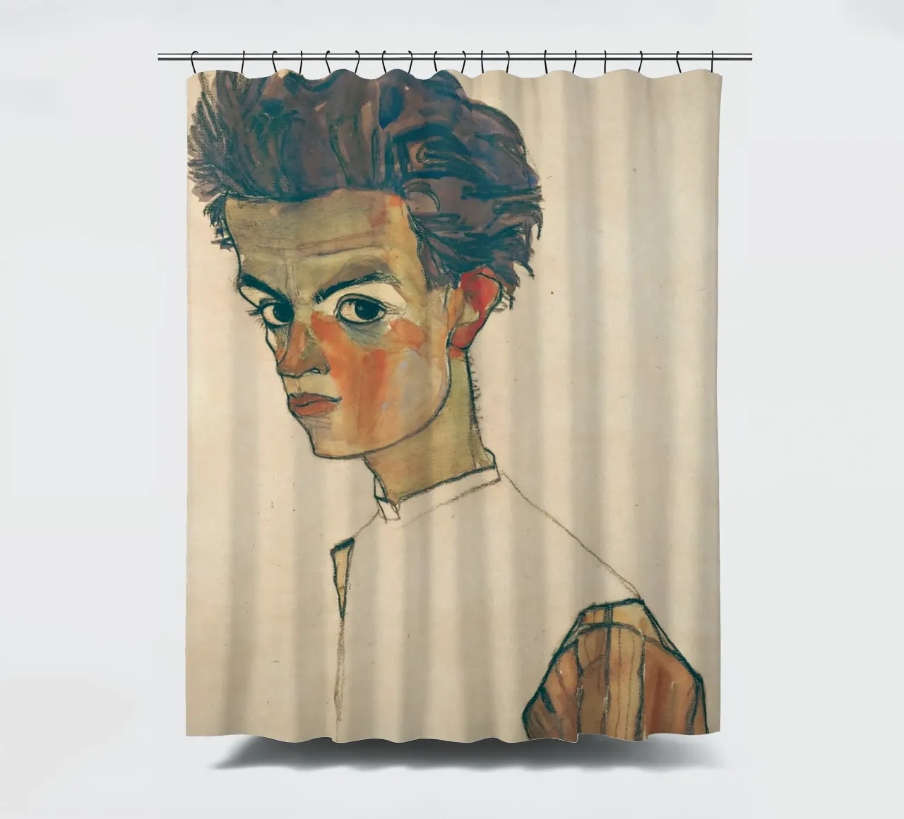 Egon Schiele - Autoritratto con camicia a righe tenda da doccia da Timeless Artworks