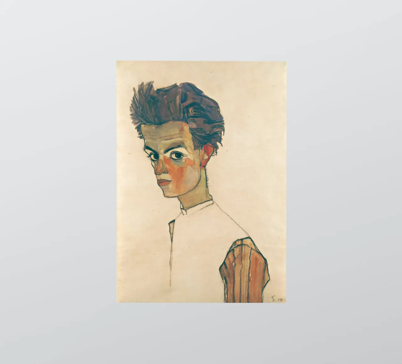 Egon Schiele - Autoritratto con camicia a righe adesivo da Timeless Artworks