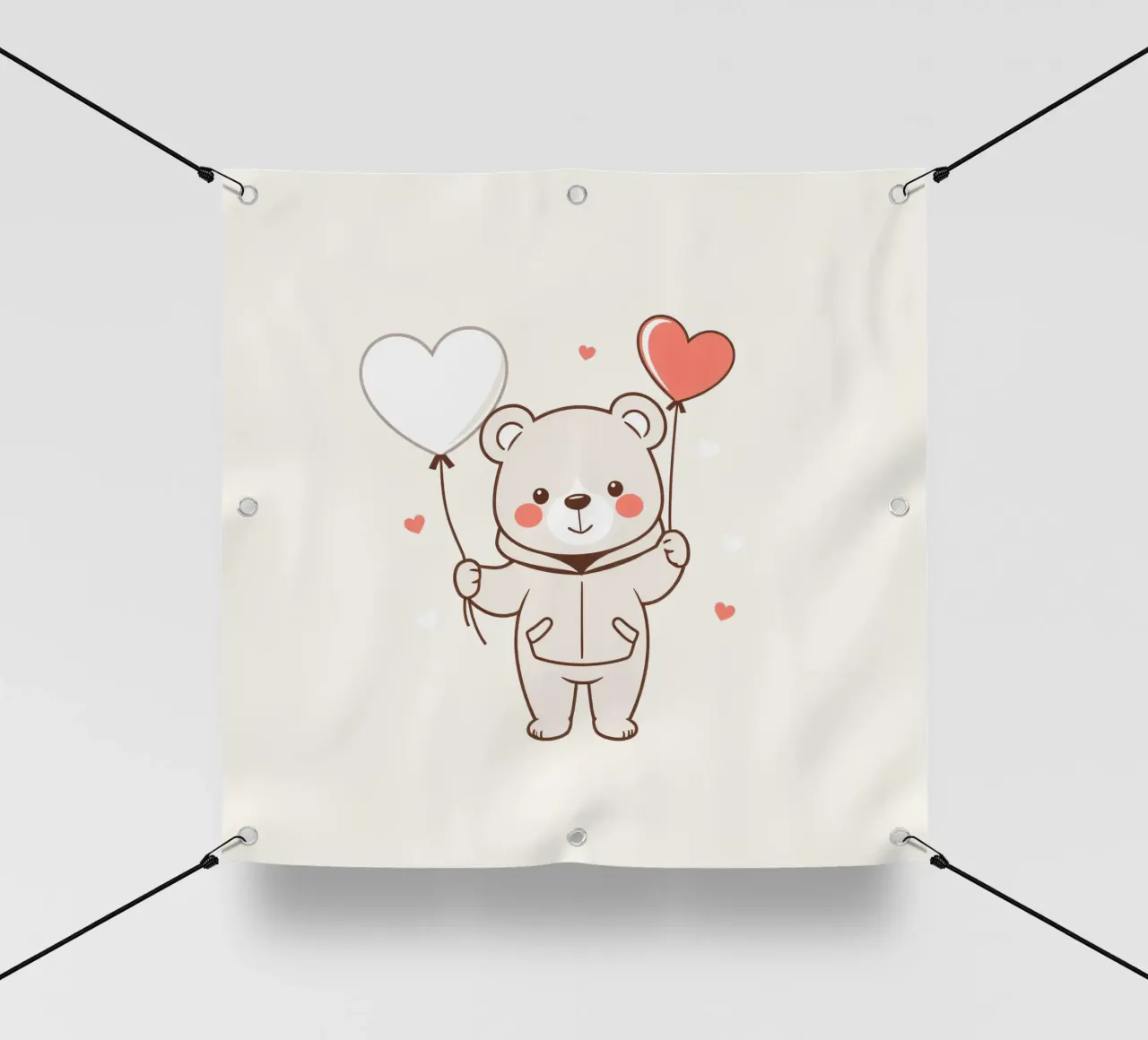 Simpatico orso che tiene in mano palloncini a forma di cuore telo in pvc da DesignDoodle