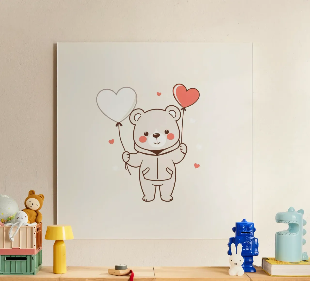 Simpatico orso che tiene in mano palloncini a forma di cuore plexiglass da DesignDoodle