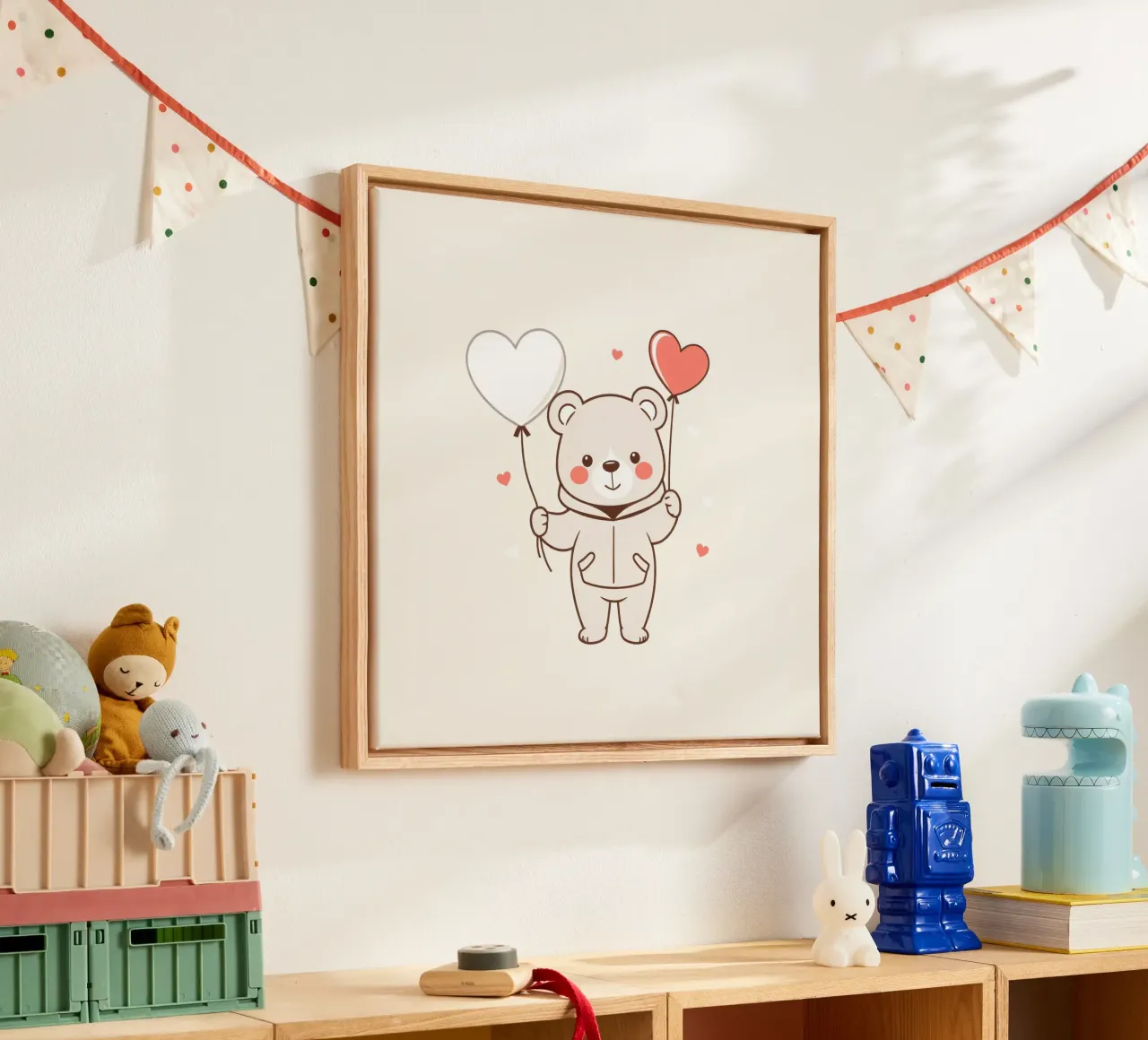 Simpatico orso che tiene in mano palloncini a forma di cuore tela con Cornice a cassetta da DesignDoodle