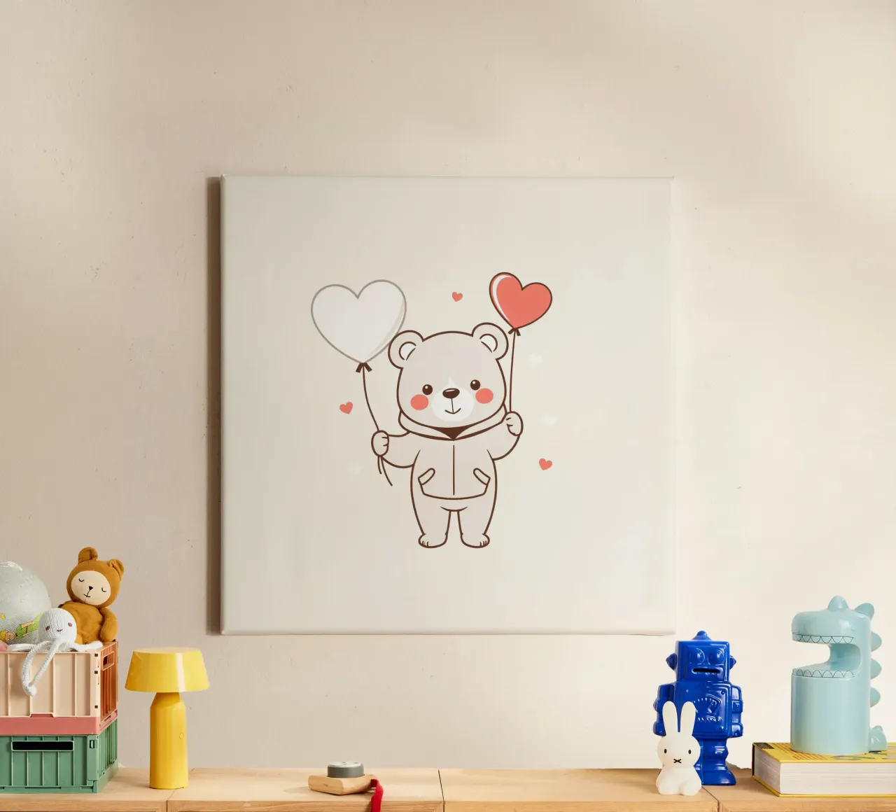 Simpatico orso che tiene in mano palloncini a forma di cuore tela con Cornice a cassetta da DesignDoodle