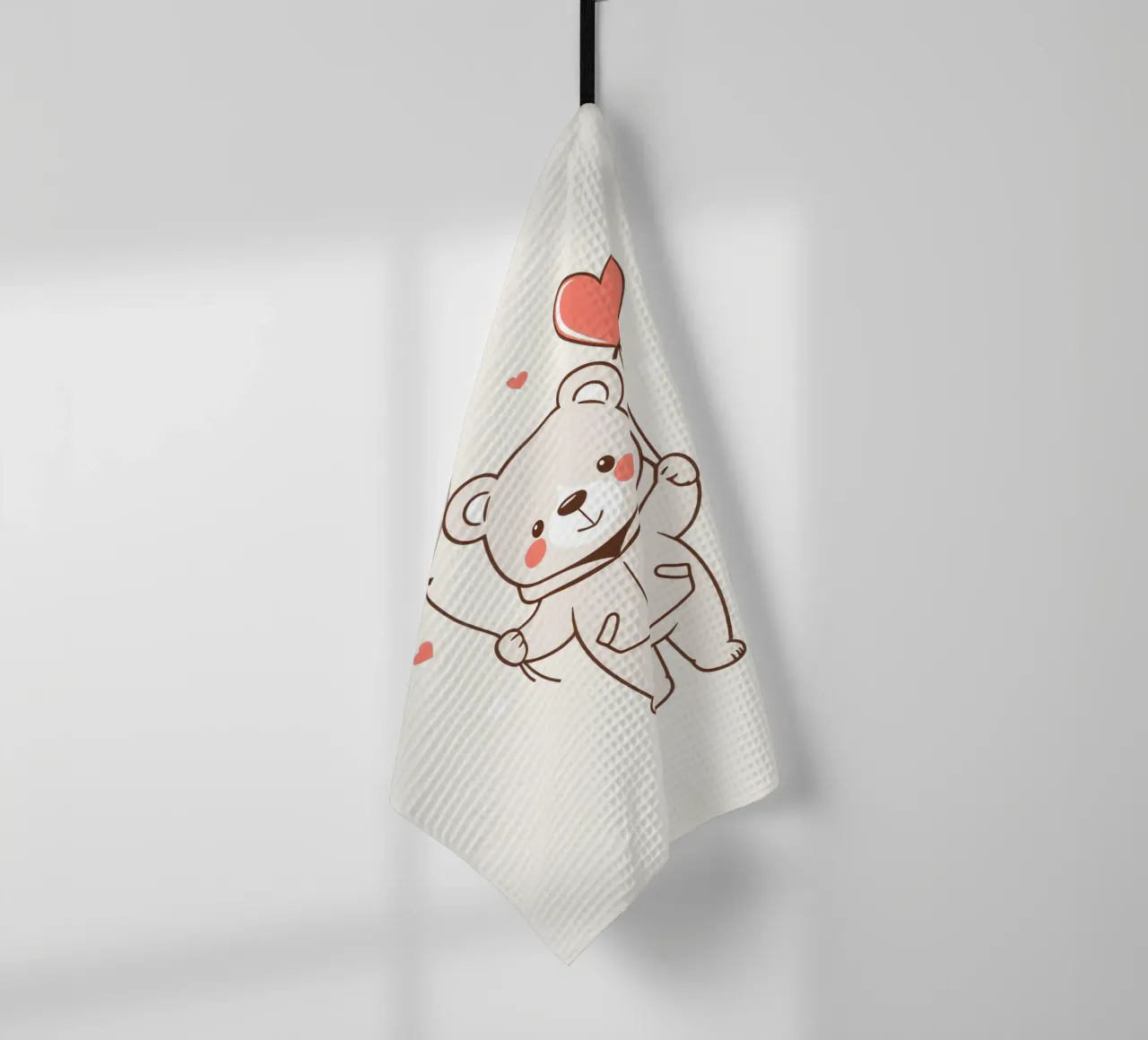 Simpatico orso che tiene in mano palloncini a forma di cuore canovaccio da cucina da DesignDoodle
