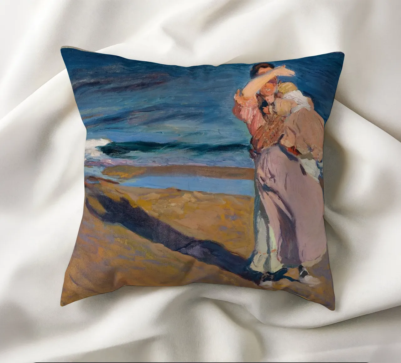 Joaquín Sorolla - Fisherwomen with her son decorative cushion by Timeless Artworks