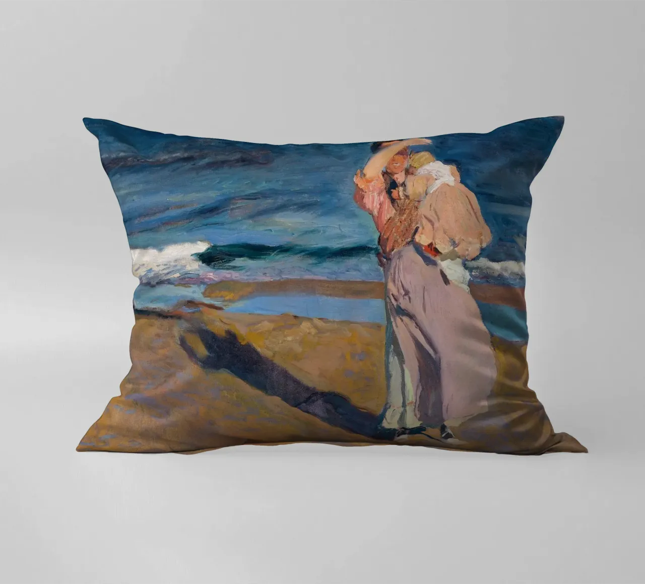 Joaquín Sorolla - Fisherwomen with her son decorative cushion by Timeless Artworks