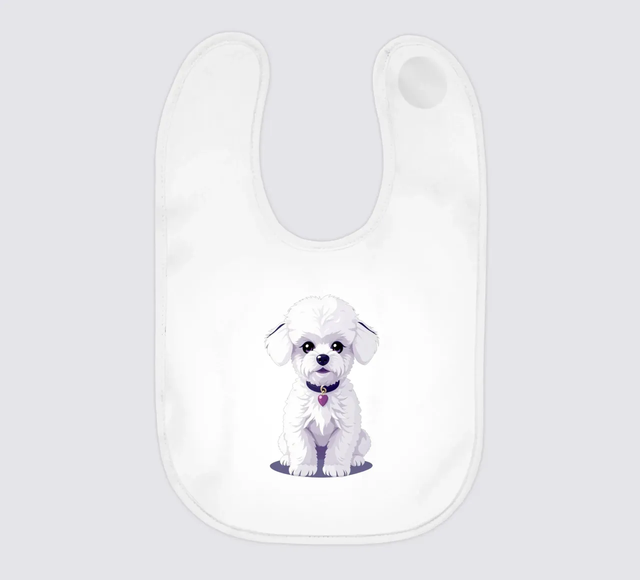 Cute fluffy cane bianco seduto con calma su uno sfondo semplice bavaglino da DesignDoodle