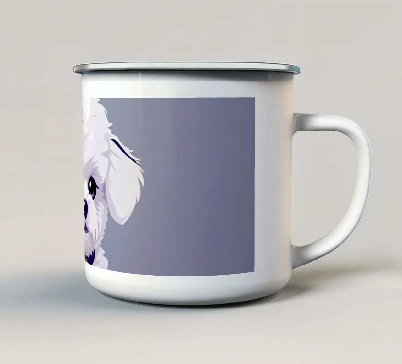 Cute fluffy cane bianco seduto con calma su uno sfondo semplice tazza in smalto da DesignDoodle