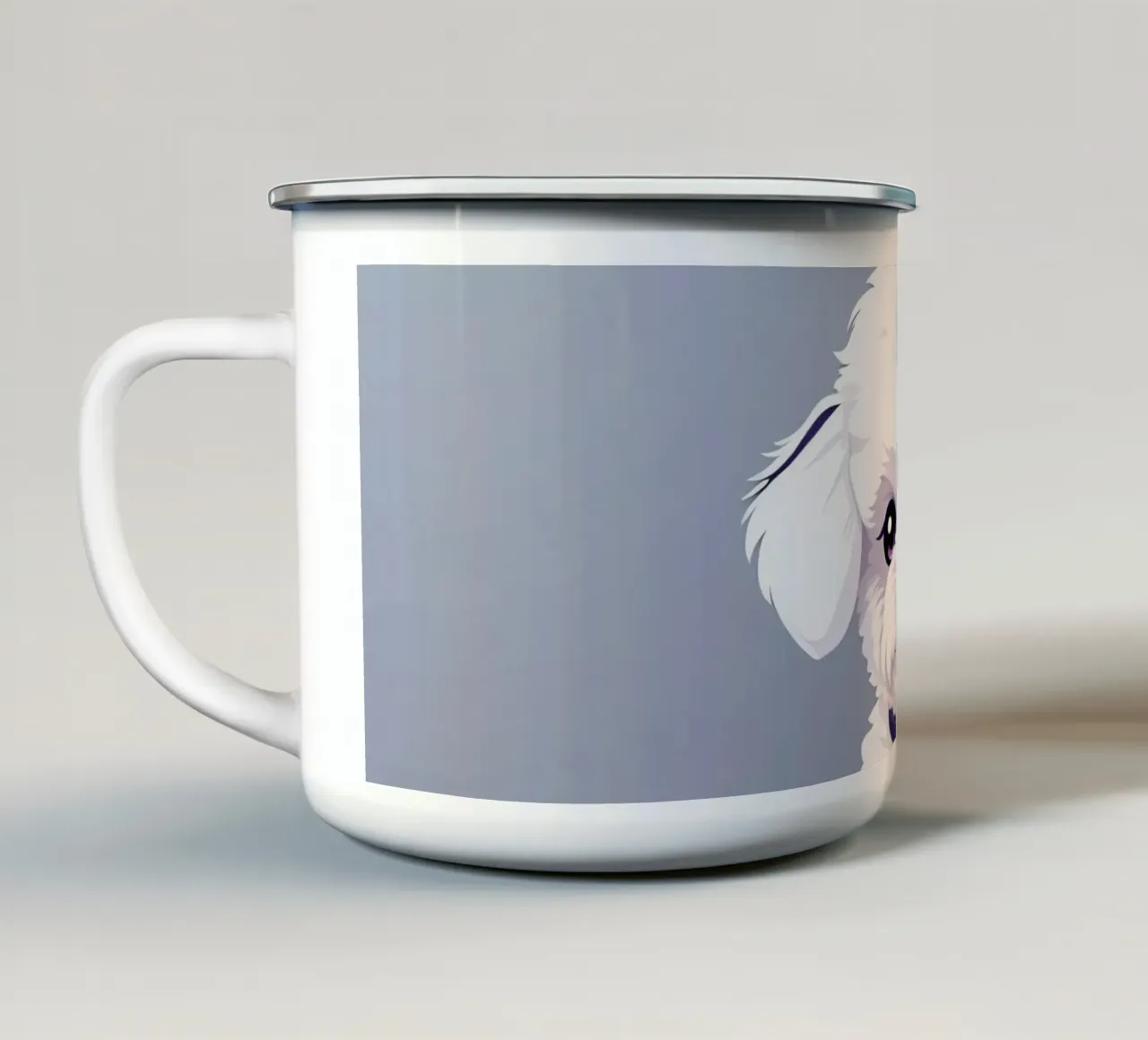 Cute fluffy cane bianco seduto con calma su uno sfondo semplice tazza in smalto da DesignDoodle