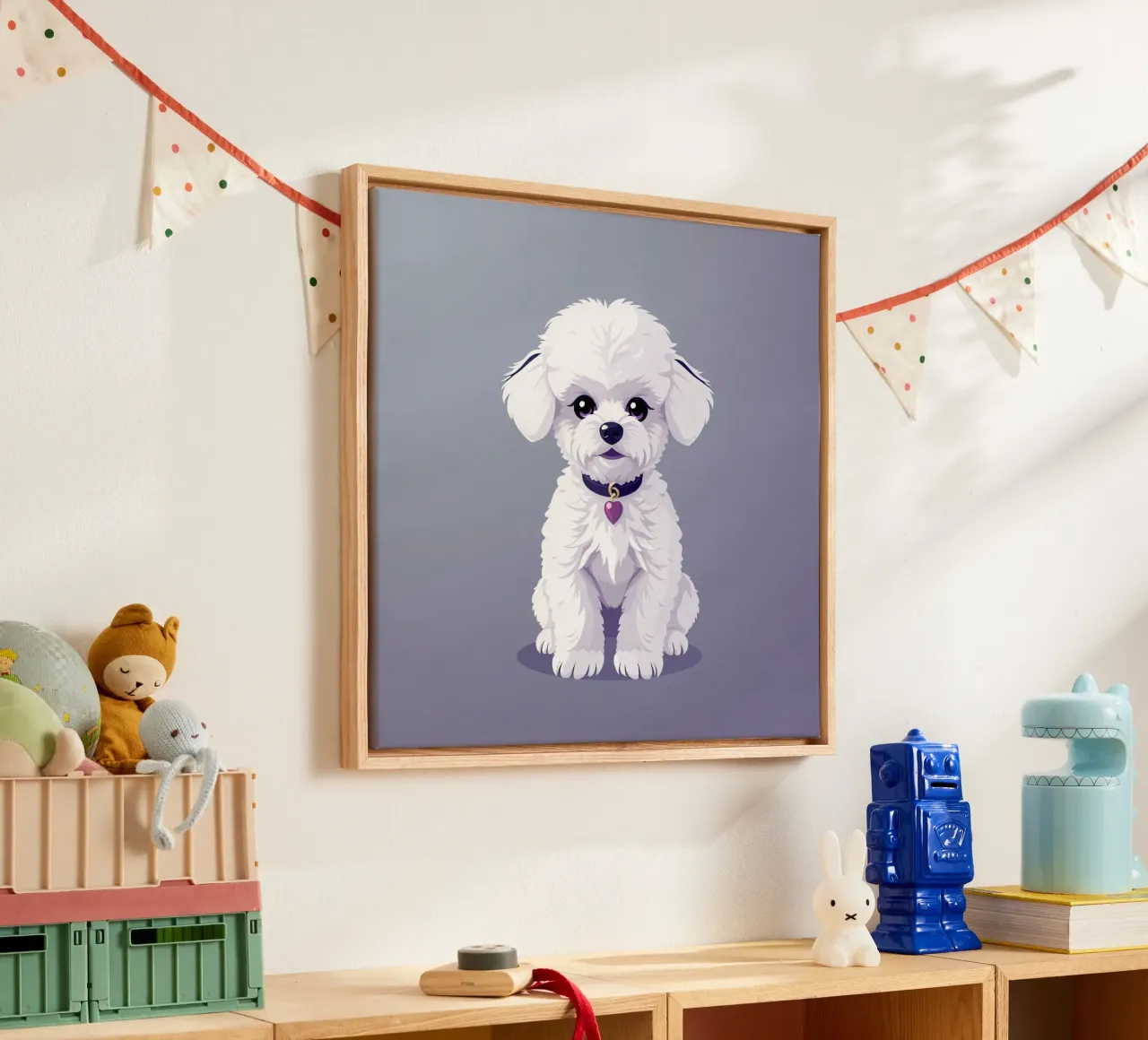 Schattige pluizige witte hond rustig zittend op een effen achtergrond canvas van DesignDoodle
