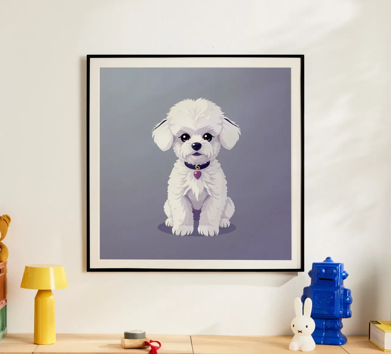 Cute fluffy cane bianco seduto con calma su uno sfondo semplice carta hahnemühle da DesignDoodle