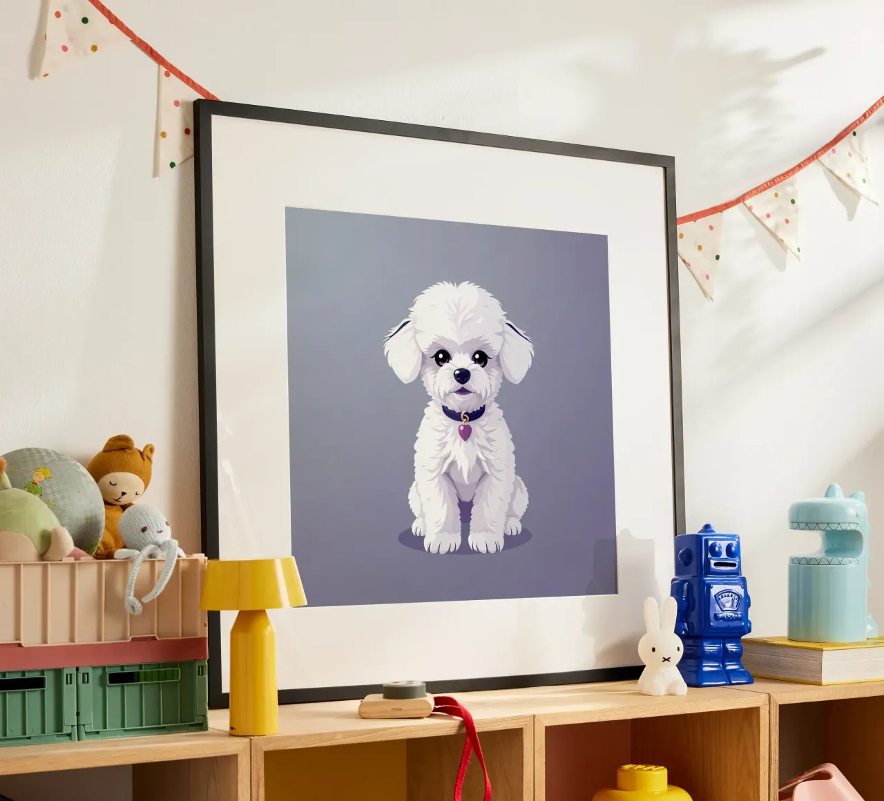 Cute fluffy cane bianco seduto con calma su uno sfondo semplice carta hahnemühle da DesignDoodle
