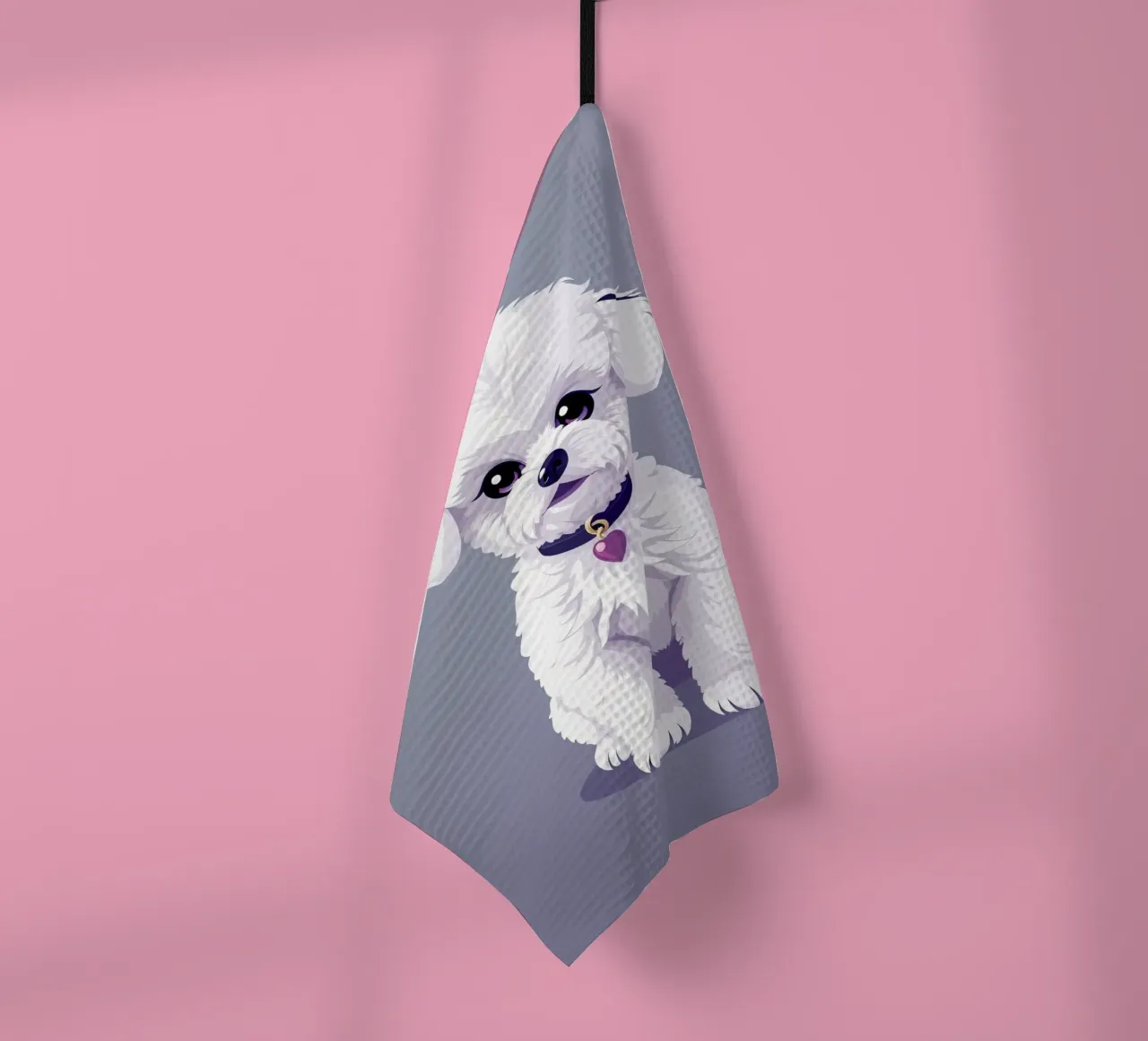 Cute fluffy cane bianco seduto con calma su uno sfondo semplice canovaccio da cucina da DesignDoodle
