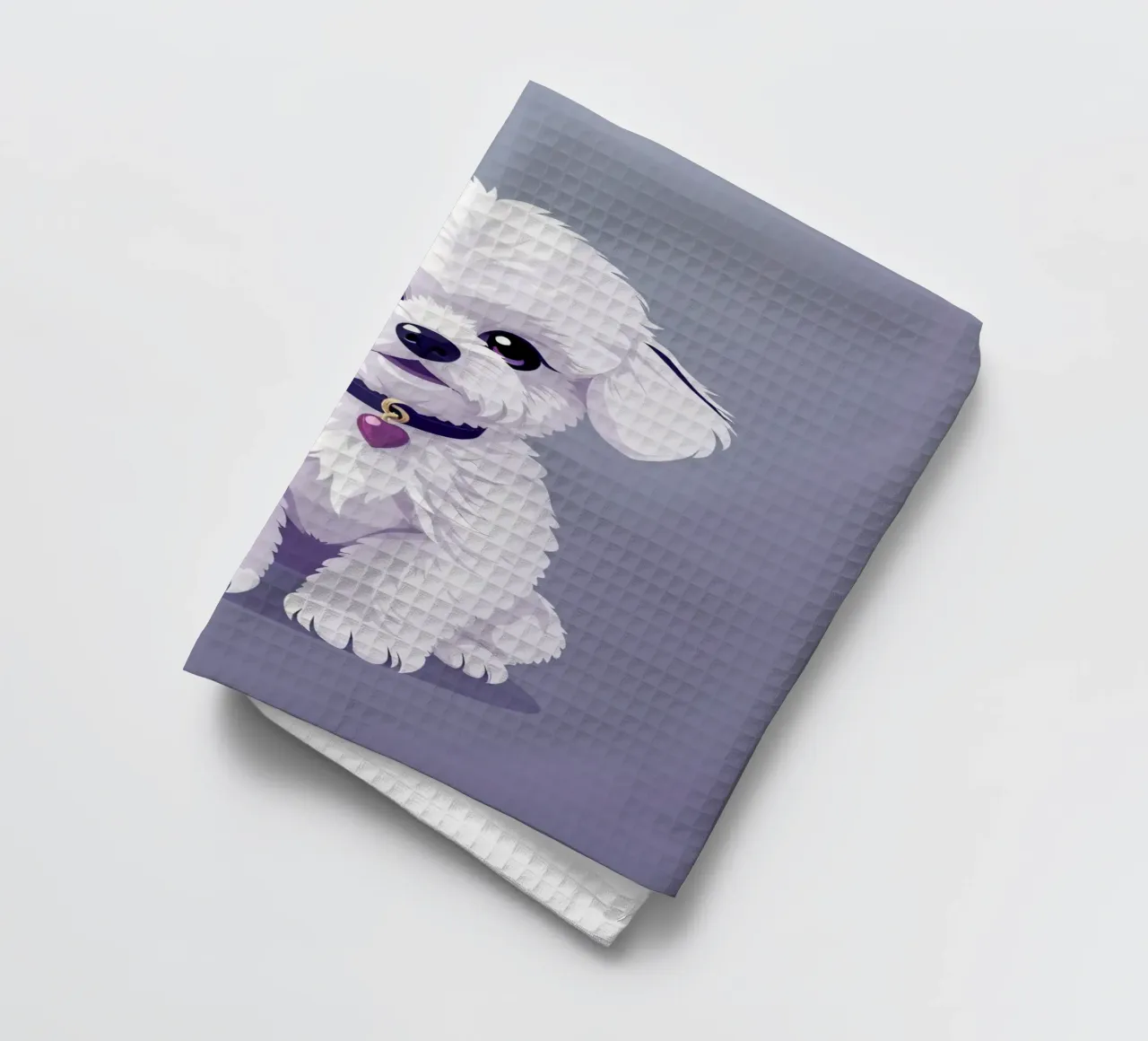 Cute fluffy cane bianco seduto con calma su uno sfondo semplice canovaccio da cucina da DesignDoodle