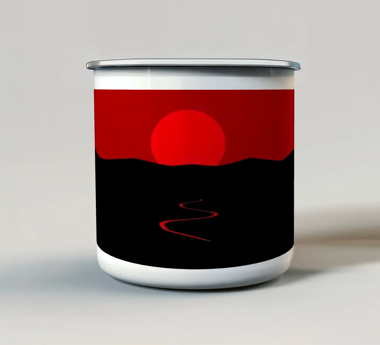 Un tramonto vibrante proietta un bagliore rosso su un sentiero tortuoso tazza in smalto da DesignDoodle