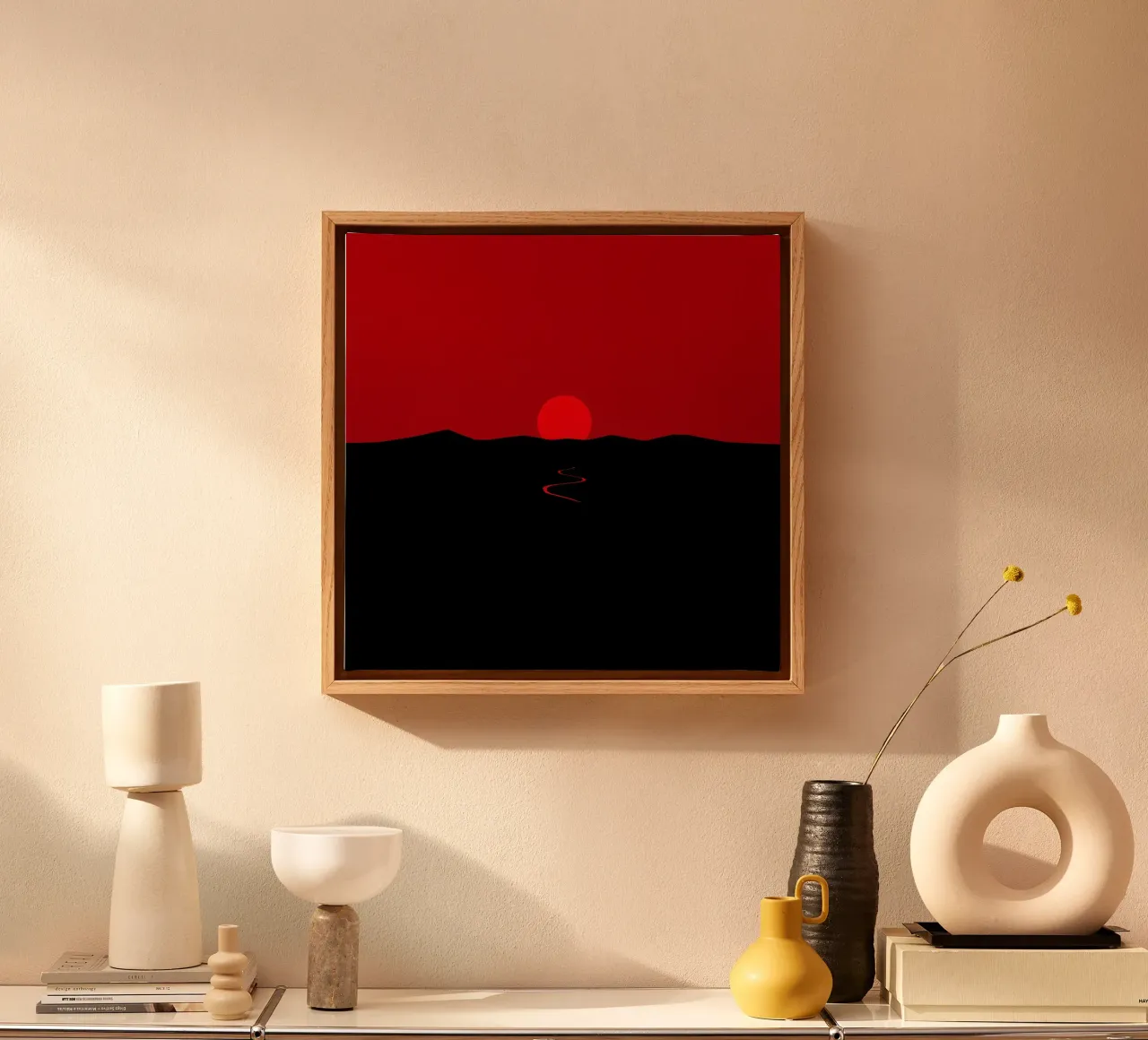 Un tramonto vibrante proietta un bagliore rosso su un sentiero tortuoso tela con Cornice a cassetta da DesignDoodle