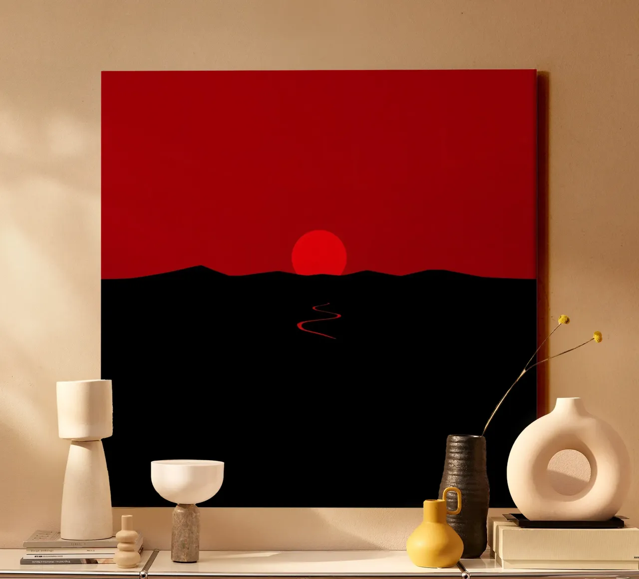 Un tramonto vibrante proietta un bagliore rosso su un sentiero tortuoso tela con Cornice a cassetta da DesignDoodle