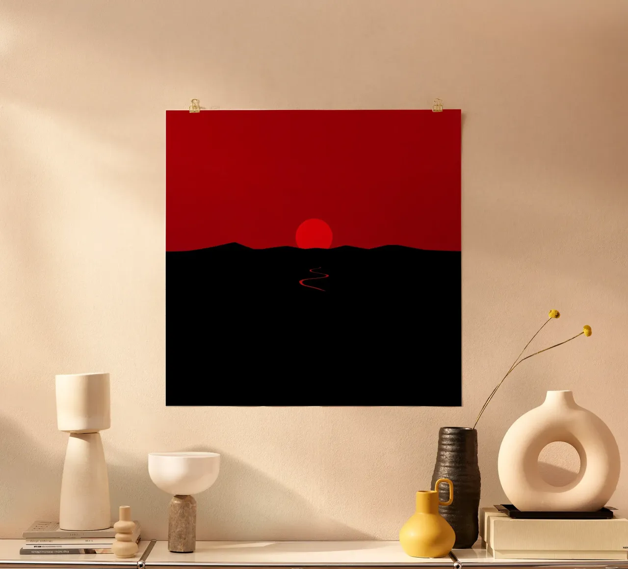 Un tramonto vibrante proietta un bagliore rosso su un sentiero tortuoso poster da DesignDoodle