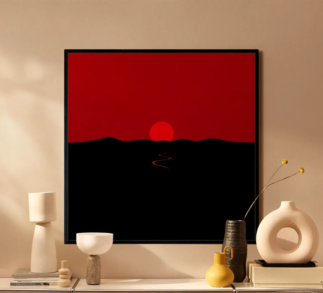 Un tramonto vibrante proietta un bagliore rosso su un sentiero tortuoso poster da DesignDoodle