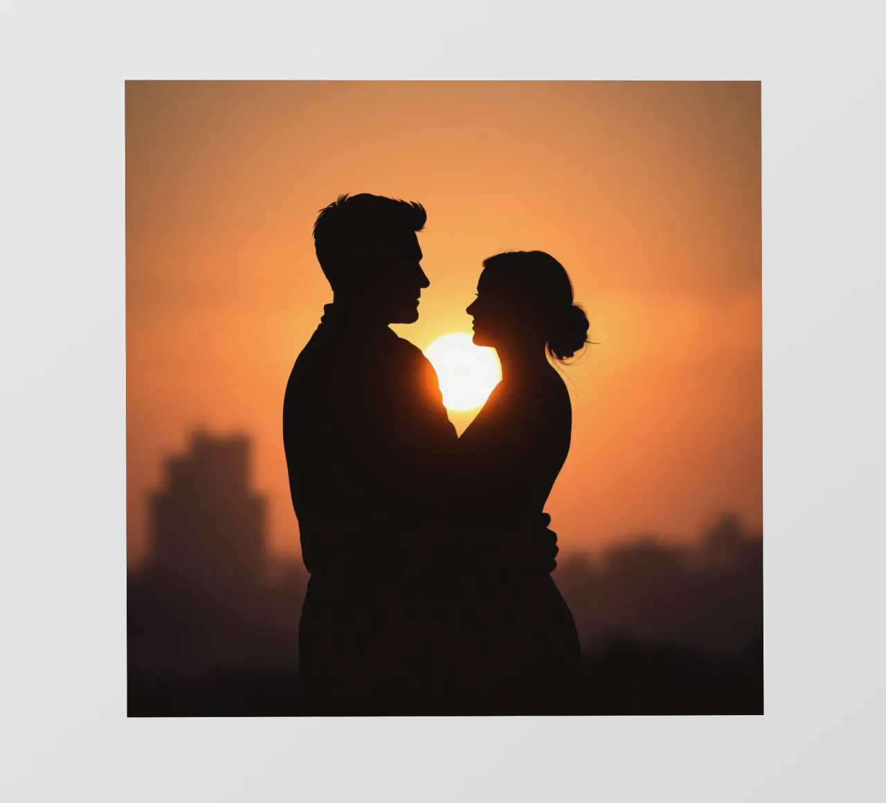 Una coppia si abbraccia durante un tramonto con la sagoma di un pellicola backlit da DesignDoodle