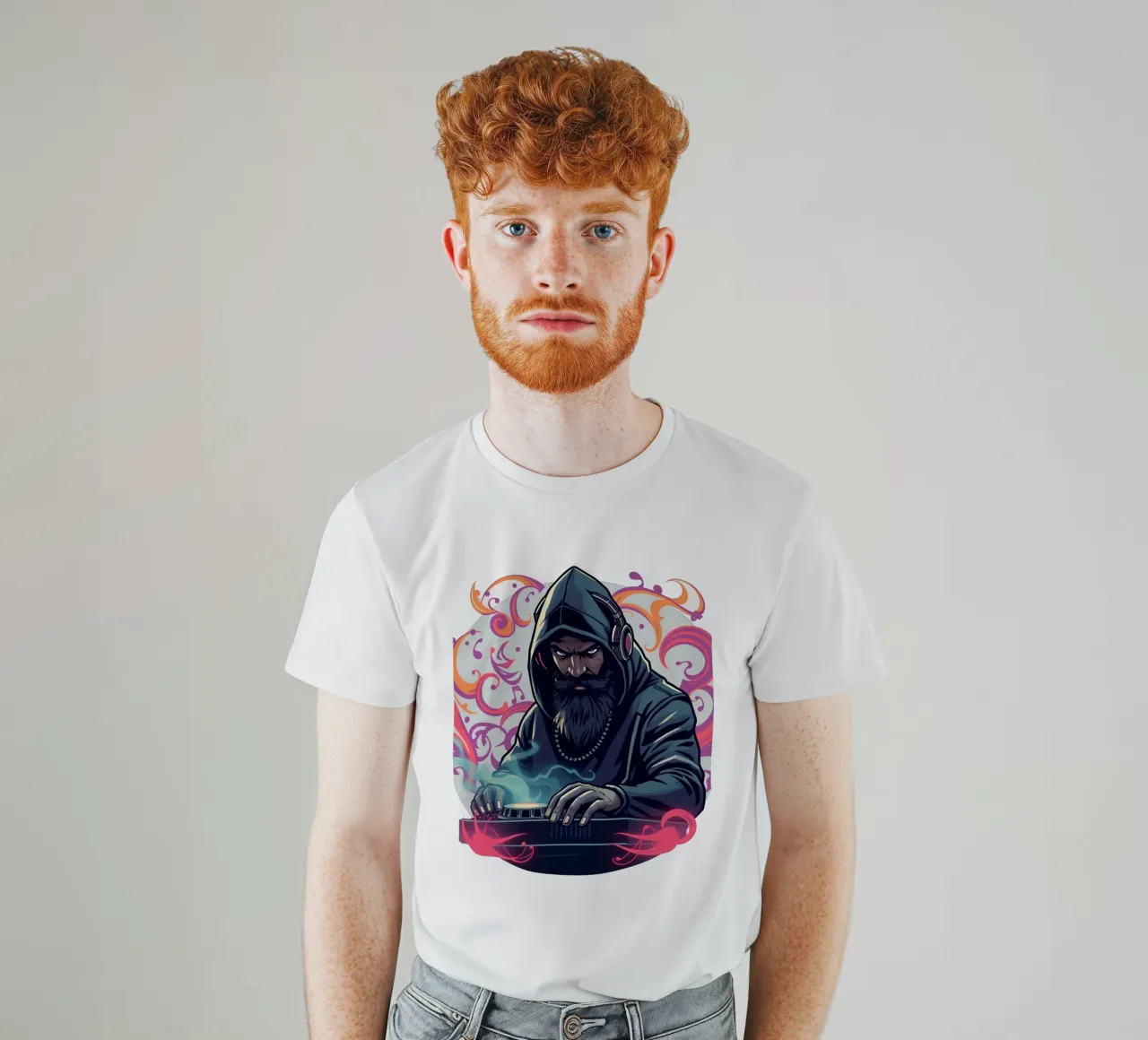 A DJ in a hoodie mixes tracks surrounded by colorful swirls t-shirt by DesignDoodle