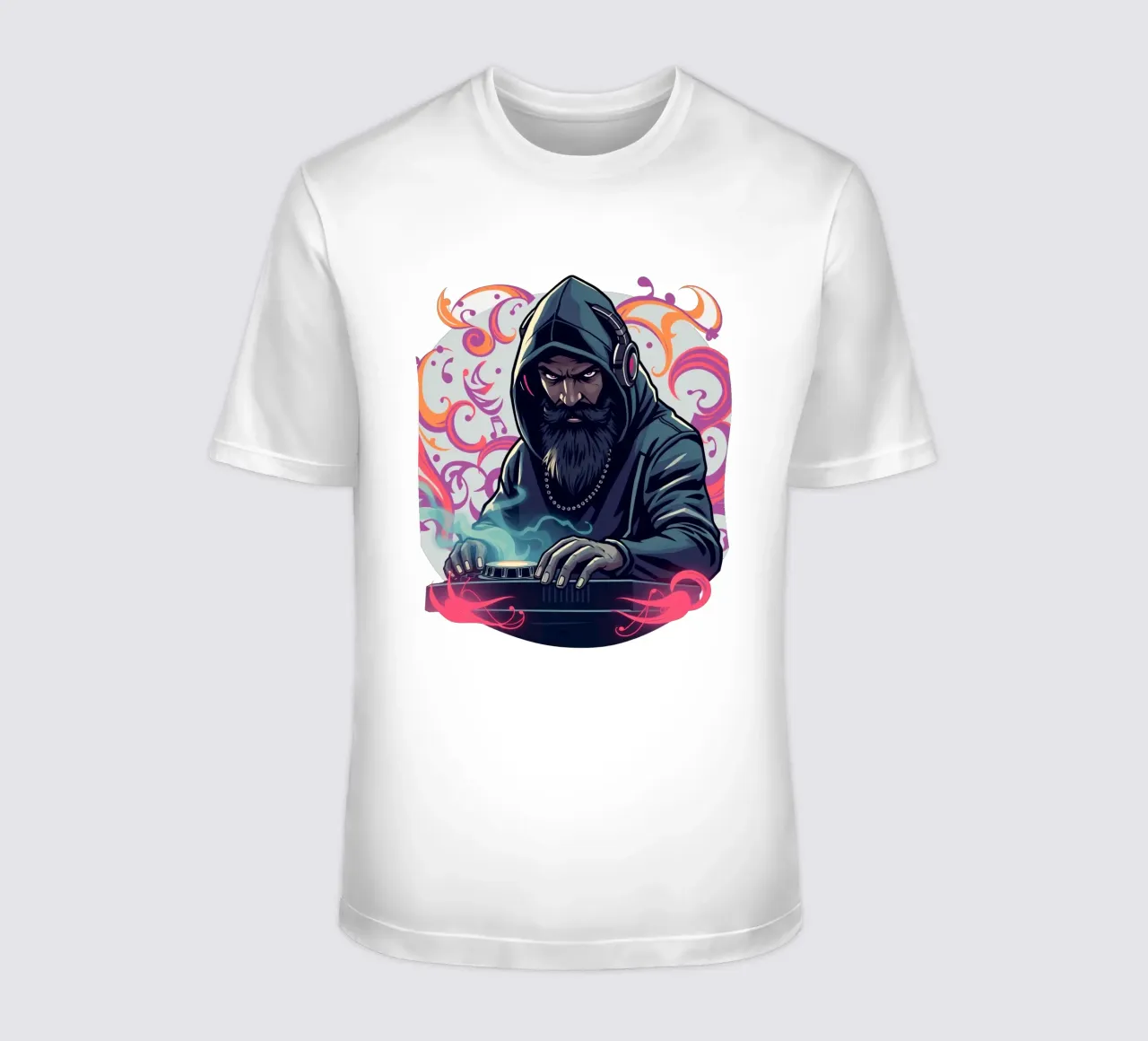 A DJ in a hoodie mixes tracks surrounded by colorful swirls t-shirt by DesignDoodle