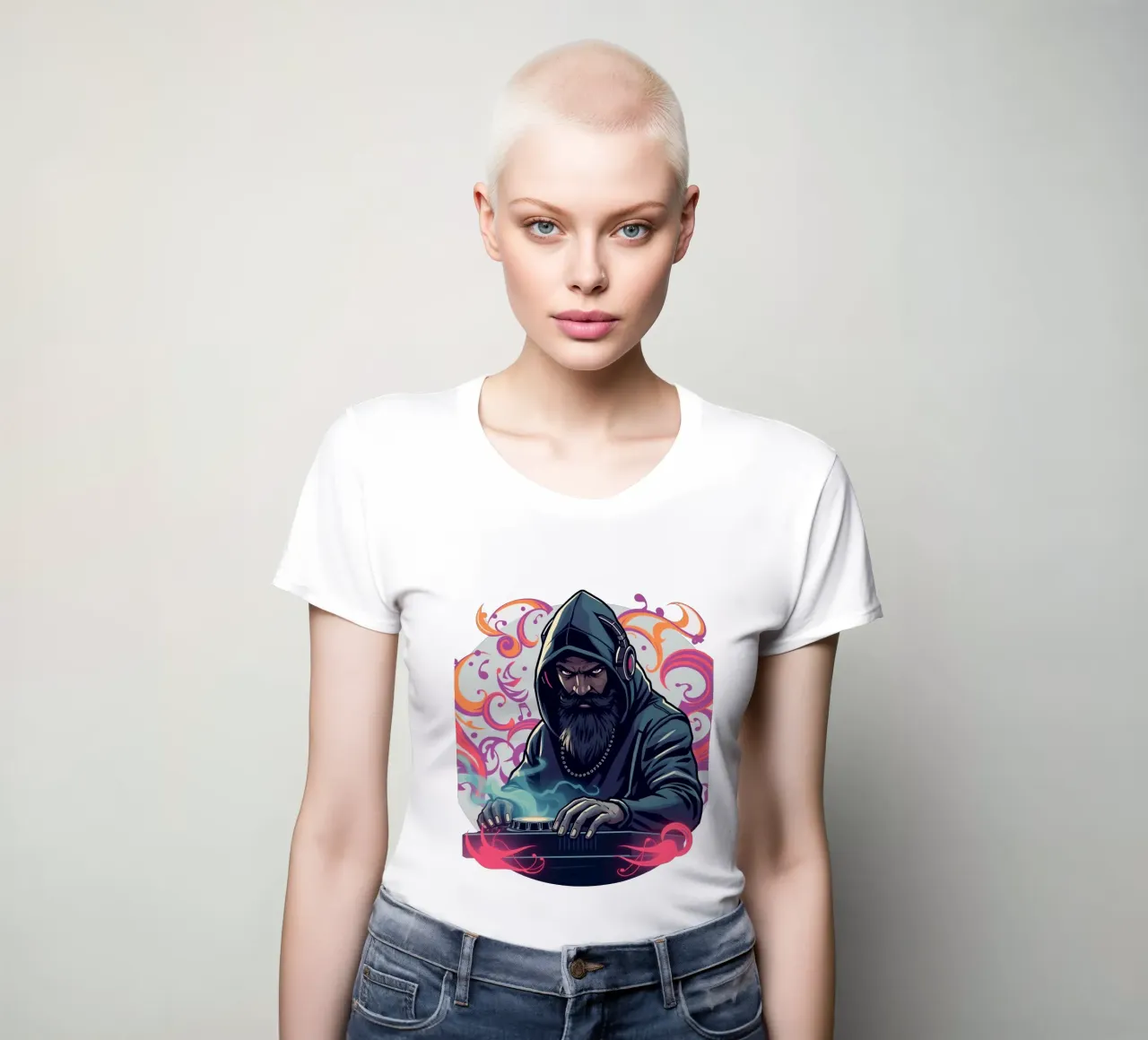 Un DJ en sweat à capuche mixe des morceaux entourés de tourbillons colorés. t-shirt ajusté pour femmes de DesignDoodle