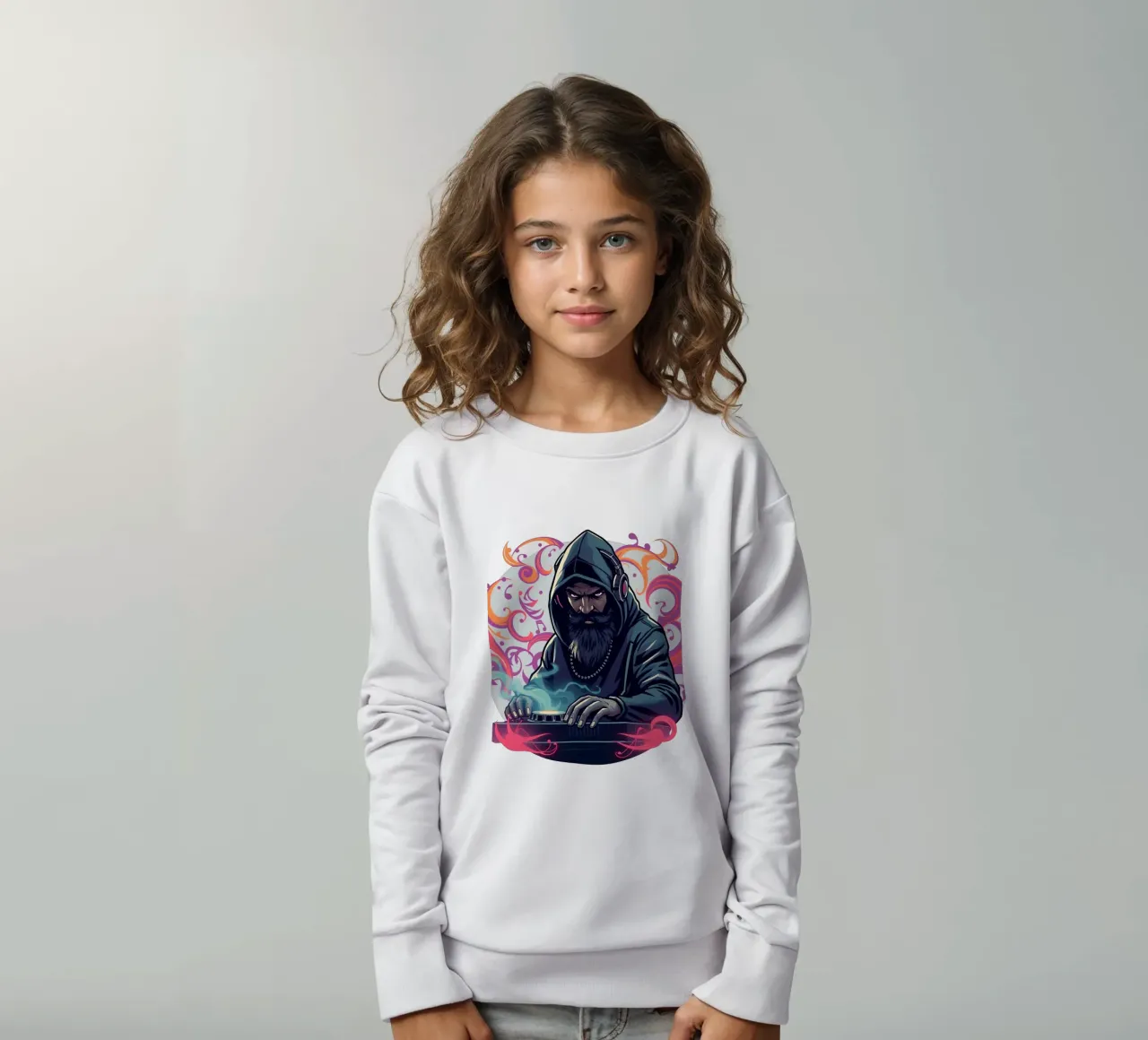 Un DJ in felpa con cappuccio mixa brani circondato da vortici colorati felpa bambino da DesignDoodle