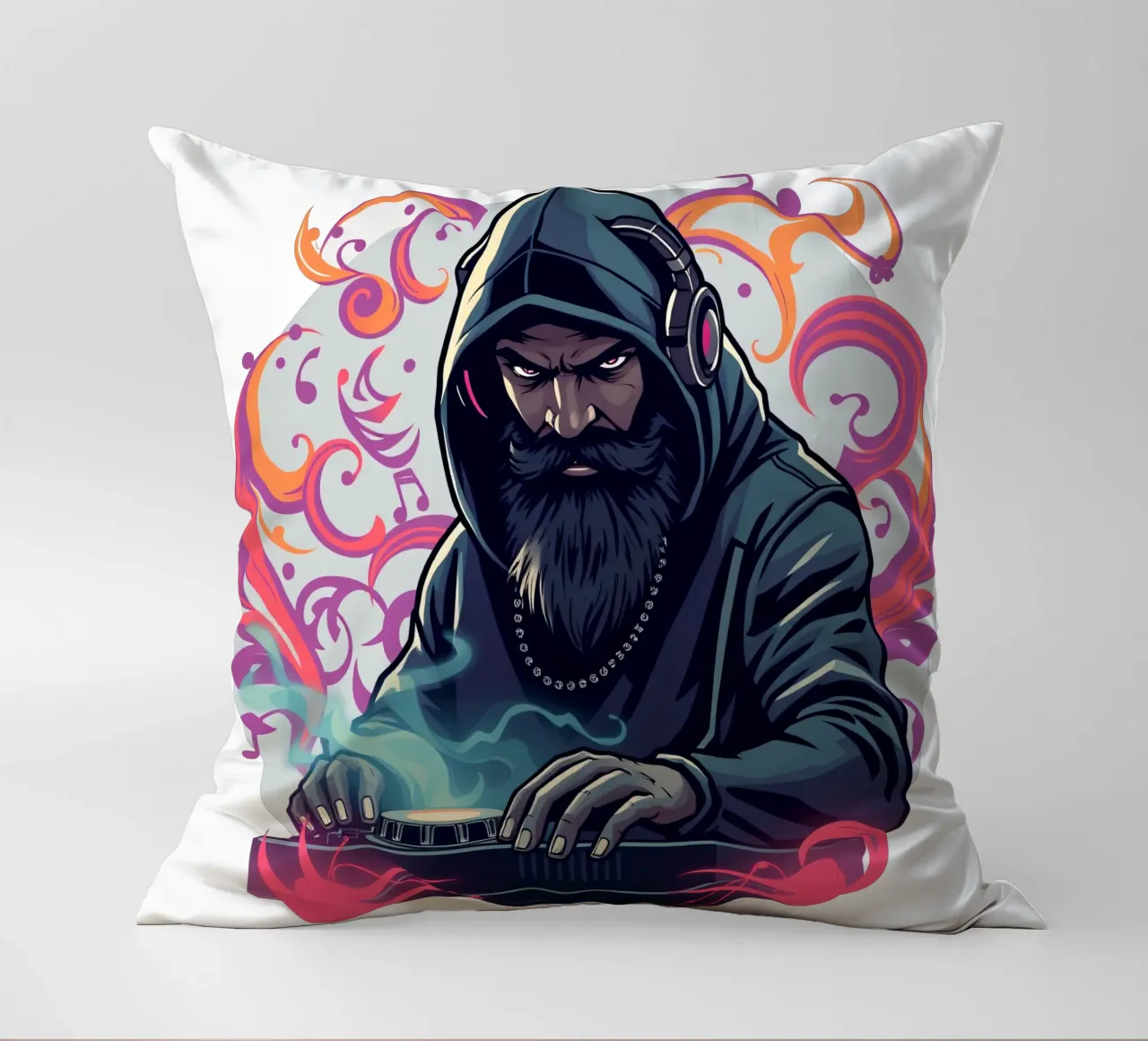 Un DJ in felpa con cappuccio mixa brani circondato da vortici colorati cuscino da DesignDoodle