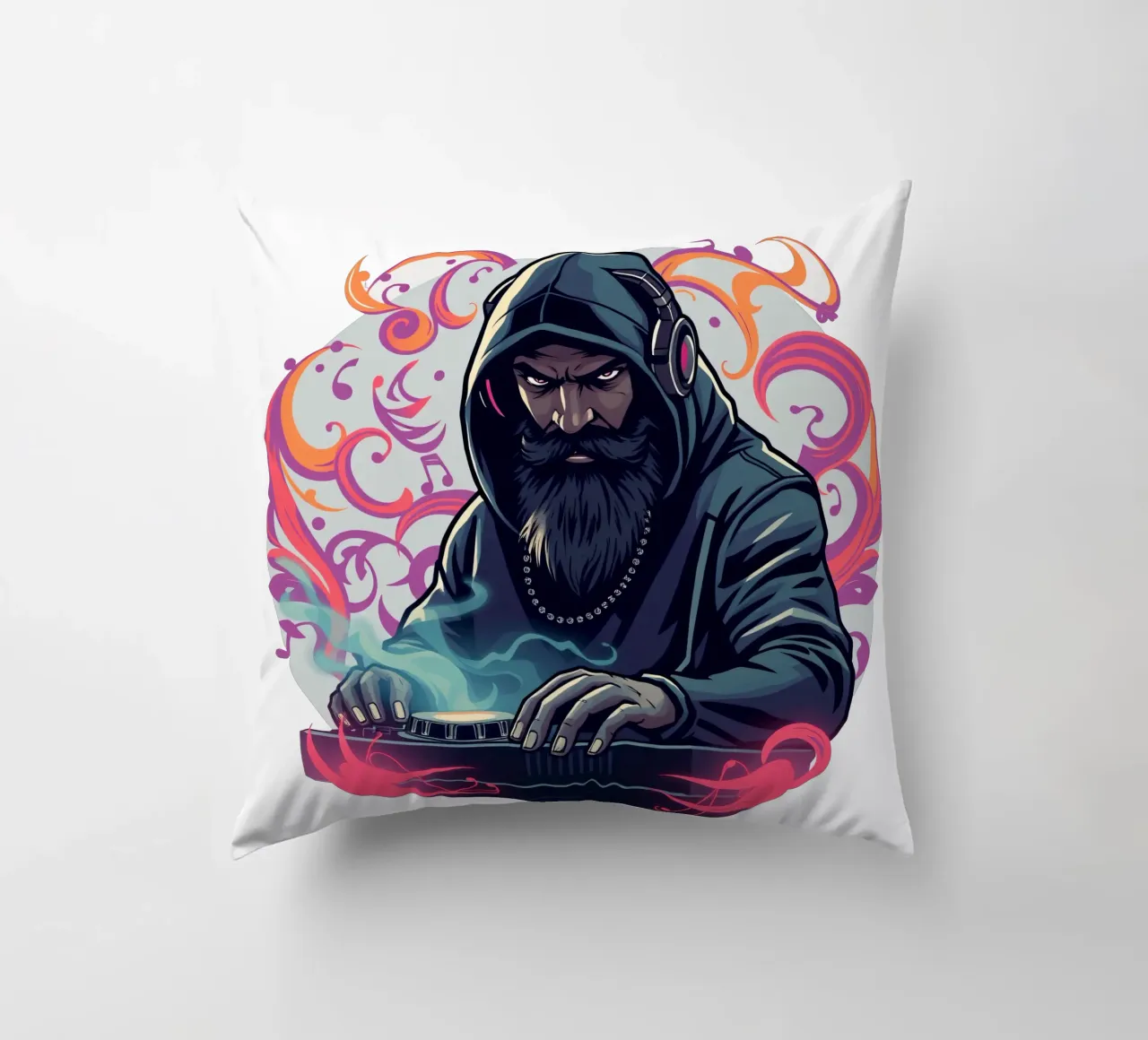 Un DJ in felpa con cappuccio mixa brani circondato da vortici colorati cuscino da DesignDoodle