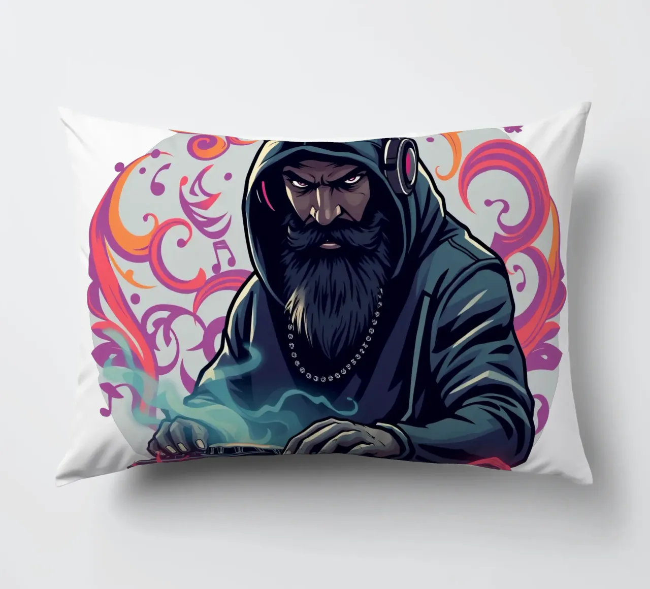 Un DJ in felpa con cappuccio mixa brani circondato da vortici colorati cuscino da DesignDoodle