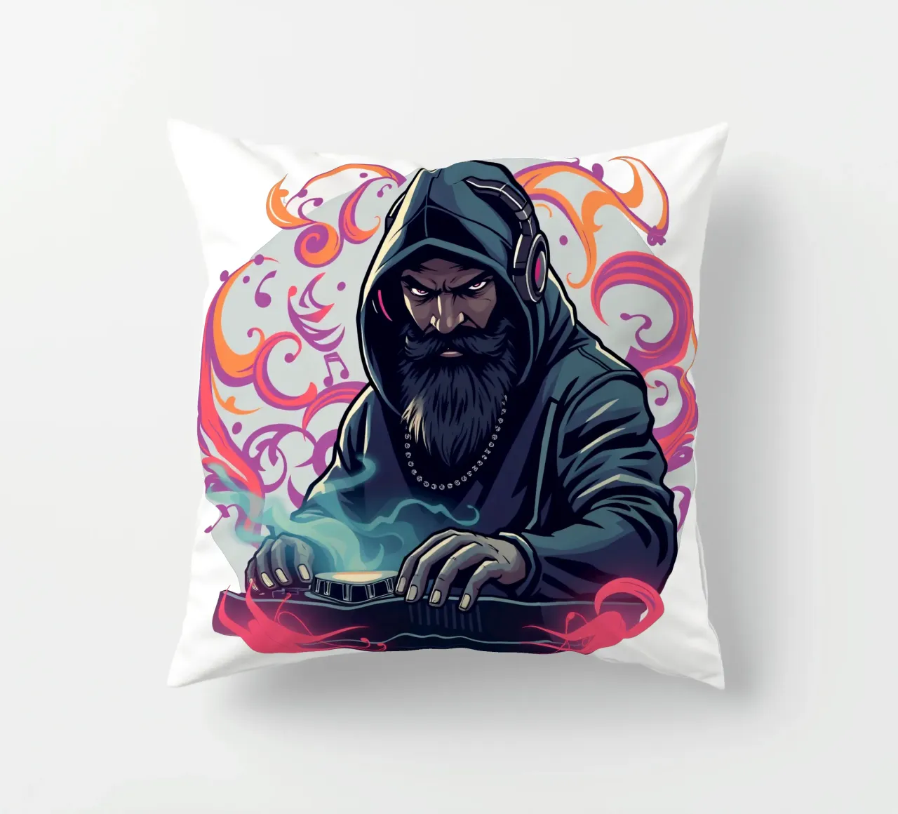 Un DJ in felpa con cappuccio mixa brani circondato da vortici colorati cuscino da DesignDoodle