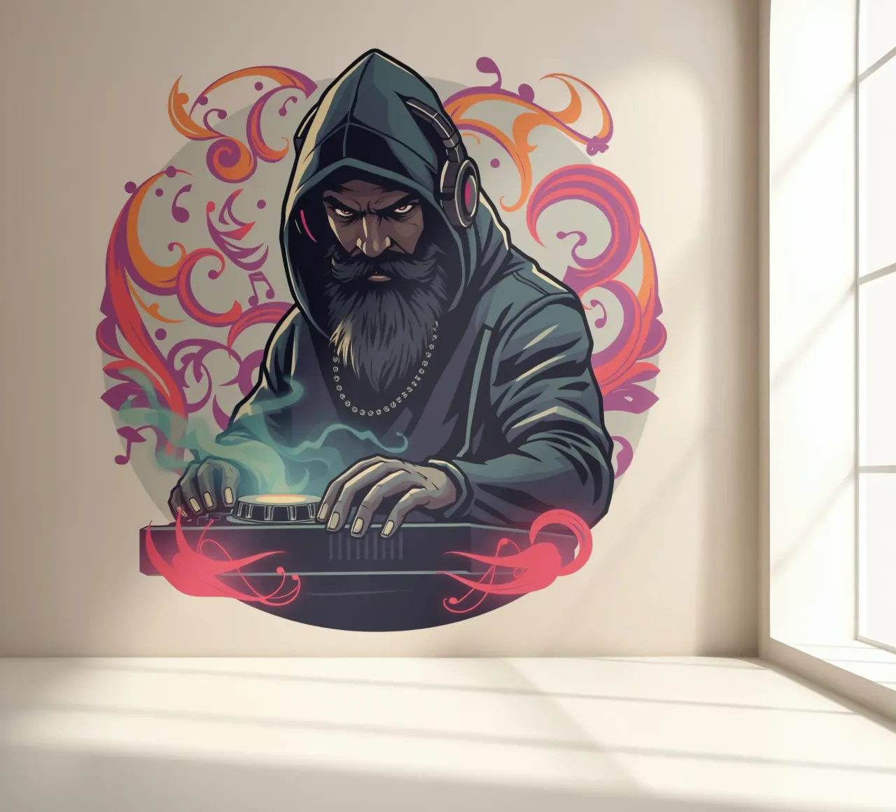 A DJ in a hoodie mixes tracks surrounded by colorful swirls photo wallpaper by DesignDoodle