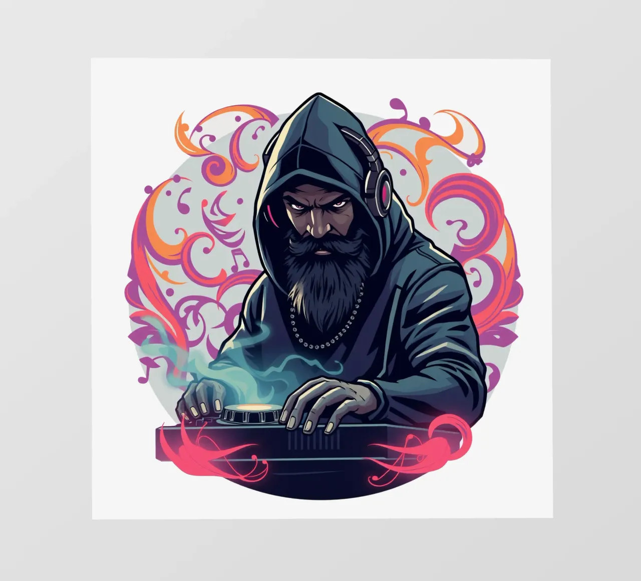 A DJ in a hoodie mixes tracks surrounded by colorful swirls photo wallpaper by DesignDoodle
