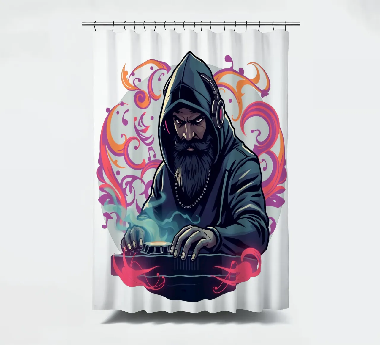 A DJ in a hoodie mixes tracks surrounded by colorful swirls shower curtain by DesignDoodle
