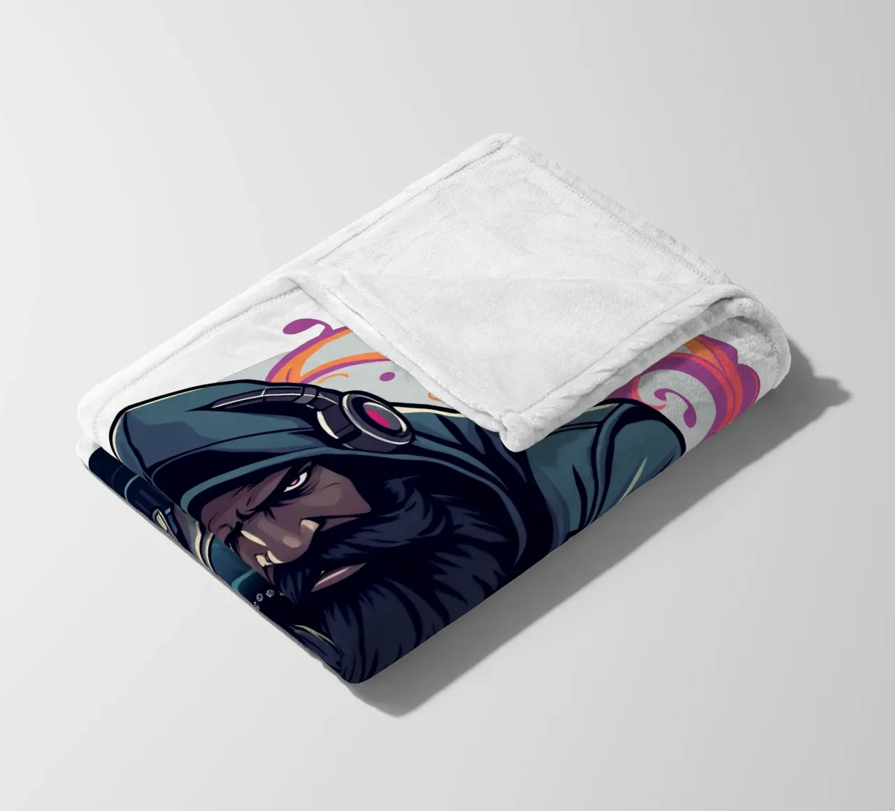 A DJ in a hoodie mixes tracks surrounded by colorful swirls fleece blanket by DesignDoodle