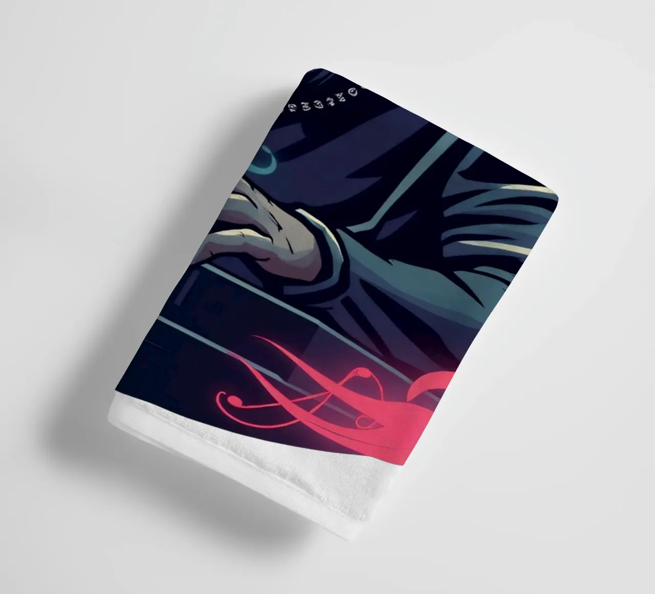 A DJ in a hoodie mixes tracks surrounded by colorful swirls towel by DesignDoodle