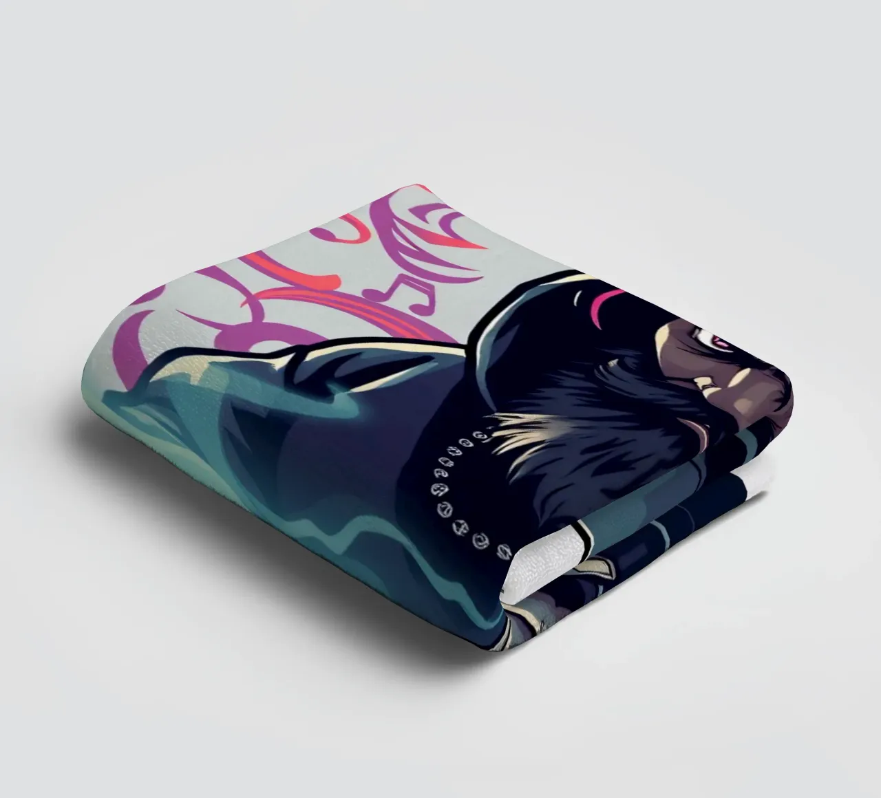 A DJ in a hoodie mixes tracks surrounded by colorful swirls towel by DesignDoodle